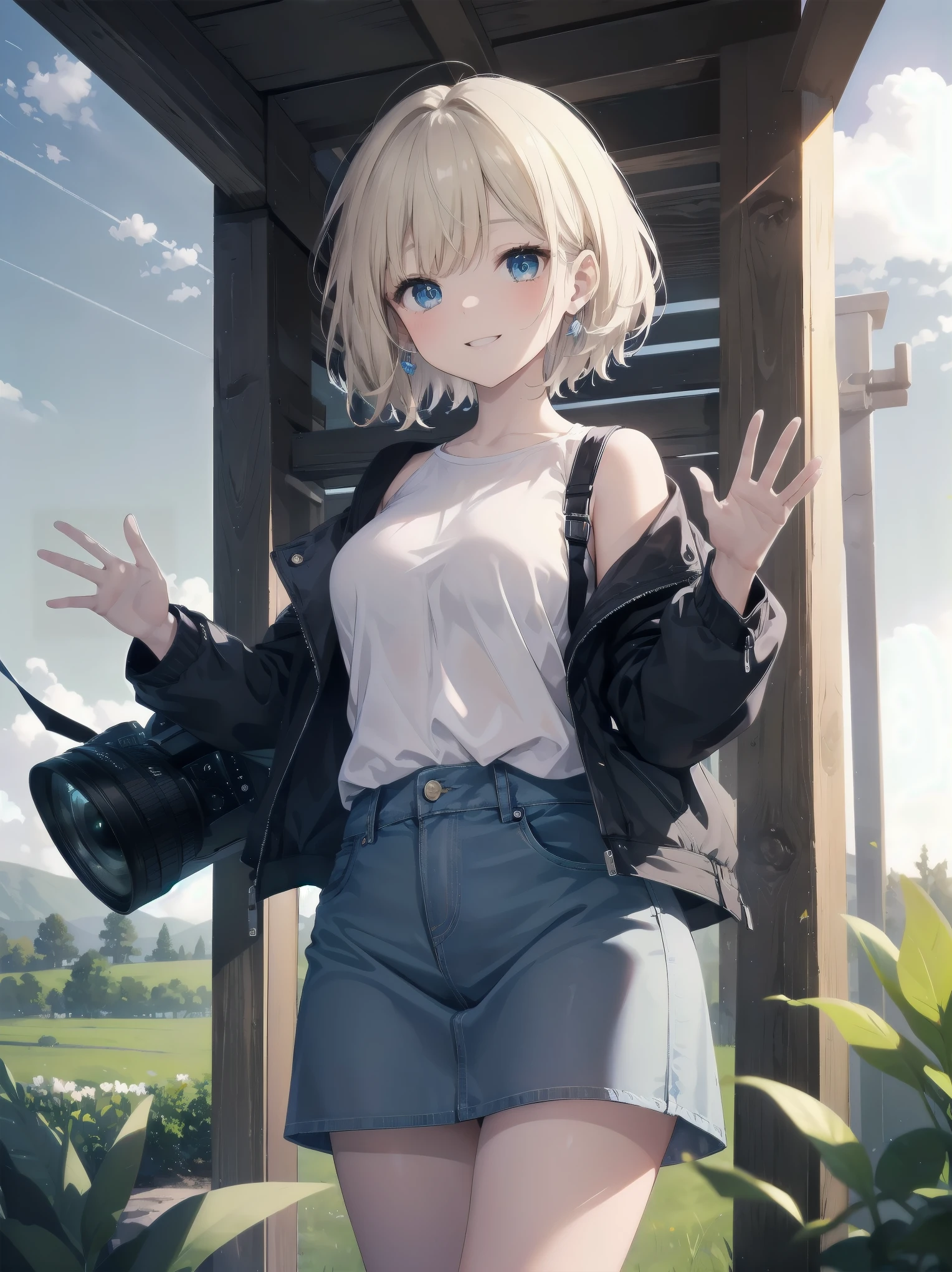 Subject: pretty beautiful girl
Subtitle: {short hair with blue eyes}{casual denim jacket and skirt}{waving pose}{rural landscape}{energetic smile}{high-resolution camera, f/4.0, 1/500 sec, ISO 200, natural light}
A beautiful girl with short hair and striking blue eyes stands in the open countryside. She is wearing a casual denim jacket and skirt and waves her hands cheerfully. Her energetic smile shines brightly and gives vitality to the viewer. The expanse of green countryside in the background is beautiful and the natural light softly illuminates her figure. Shot with a high-resolution camera at f/4.0 aperture, shutter speed 1/500th of a second and ISO 200, the natural light brings out the best of the beautiful girl's charm in this crisp, clear image.