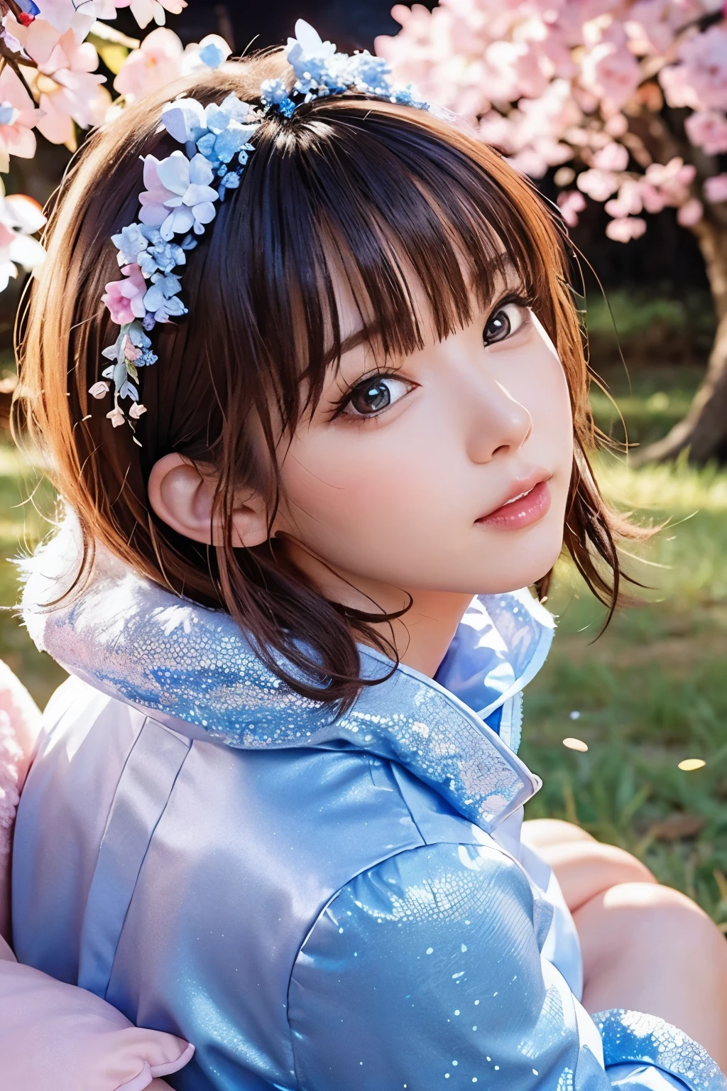 side view, oversaturate, colorfully, Fairytale, dreamlike, Cinematic character render, oil painting, 3D, 8k resolution, sequins, glitter, sakura forest, moonlight, Close up Portrait adorable chibi kawaii anthropomorphic kitten king, Detailed eyes, large round reflective eyes,