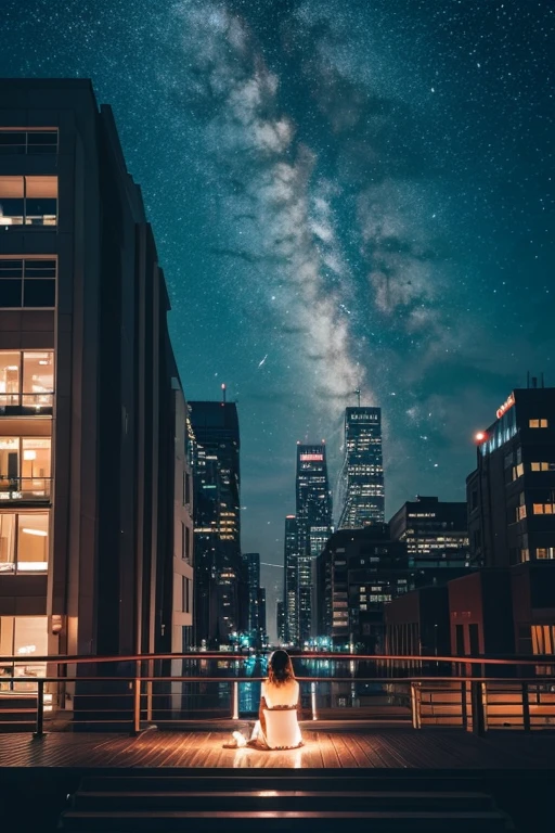 街の上のstarを眺めながら棚にSitting女の子、Octane, null, star (null), landscape, starry null, night, only , night null, alone, Outdoor, sign, building, cloud, milky way, Sitting, wood, Long Hair, city, silhouette, cityscape