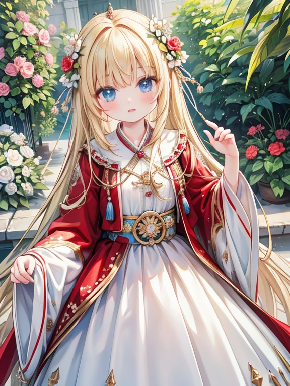 masterpiece, highest quality, Very detailed, 16k, Ultra-high resolution, Cowboy Shot, Detailed face, Perfect Fingers, One female, aged 14, blue eyes, Blonde, Braid, royal palace, garden, hjy, a woman in a red and white dress and a red and white robe