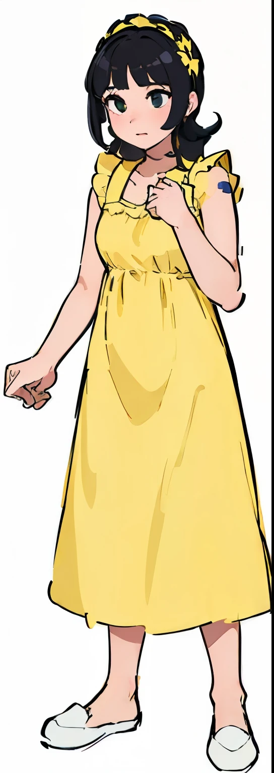 Cartoon girl in yellow dress standing on stairs, Wearing a dress, lady in yellow dress, Heavy hand gesture style close-up, rotoscoped, light, Terry Moore style art, Close-up half-length photo,  Wear clothes, yellow details, Close-up details, Close-up photos, Wearing a dress, waist shot