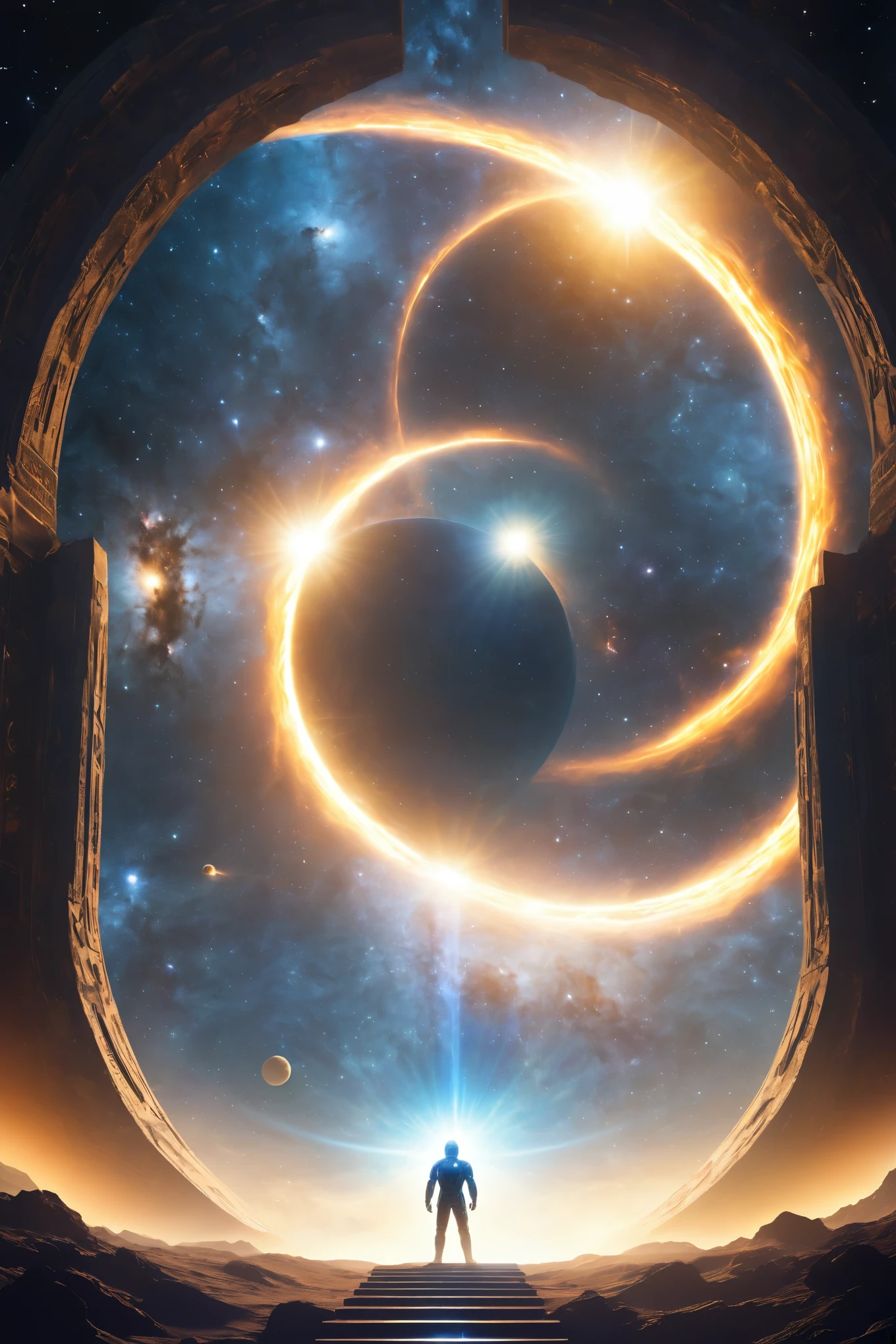 shadow,8k,masterpiece,best quality,person, standing in front of a space portal overlooking the sun,, mistic,gateway to another universe, gateway to another dimension, world, visible only through the portal, High quality fantasy stock photo, portal to another world, portal to outer space,Looking into space, Universe, Magical Galactic Portal, The Cycle of the Stars, God,A sense of mystery,