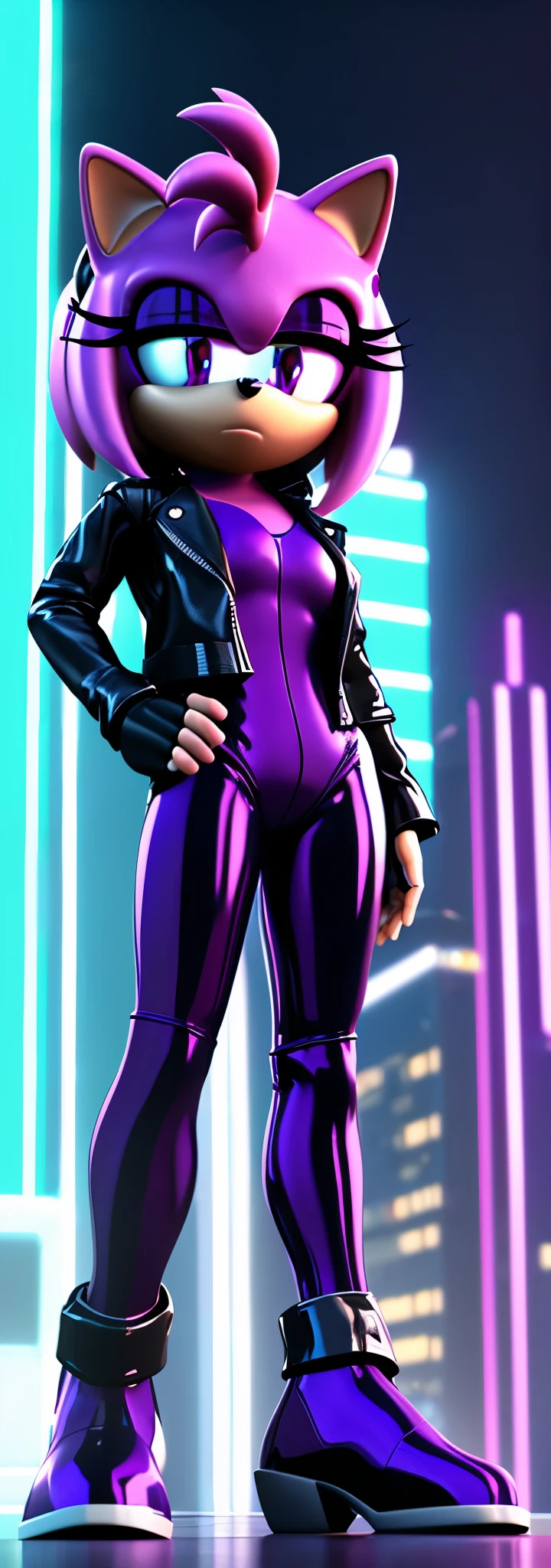Solo, 1girl, full body image, rendered in SFM, ((sonic oc:1)), from sonic, high detail iconic character, in the new action-movie sonic, cyberpunk city, official render, 3d render official art, toon shader, ((female)), (((purple hedgehog:1))), ((shiny)) (purple fur:1.0), (((Amy rose style quills))), (((metallic purple eyeliner))) ((deep purple eyes:1.5)), ((calm neutral expression)), ray trace 4 k, ray trace 4k, (((metallic purple latex bodysuit))), (((leather jacket))), ((fingerless gloves:0.9))