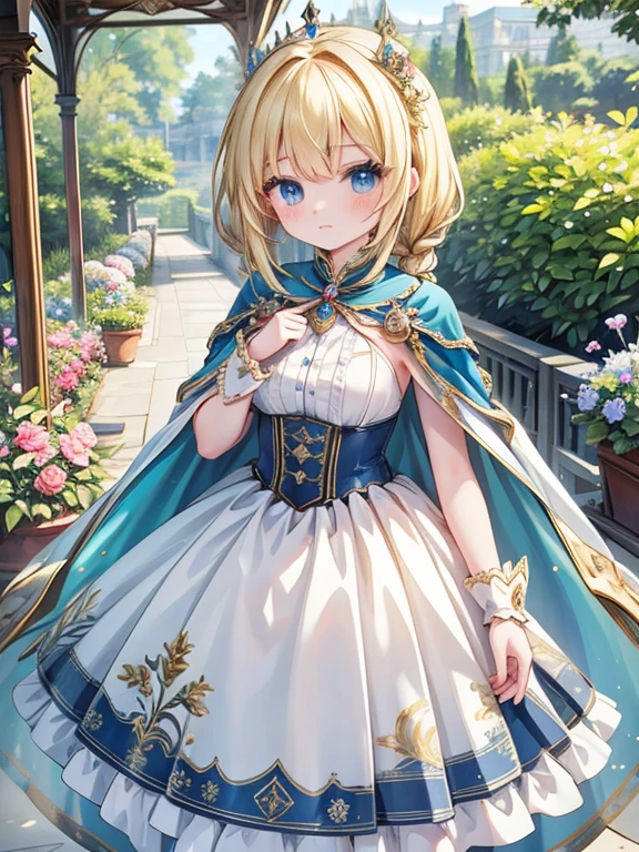 masterpiece, highest quality, Very detailed, 16k, Ultra-high resolution, Cowboy Shot, Detailed face, Perfect Fingers, One female, aged 14, blue eyes, Blonde, Braid, royal palace, garden, hjy, a dress with a long train and a cape