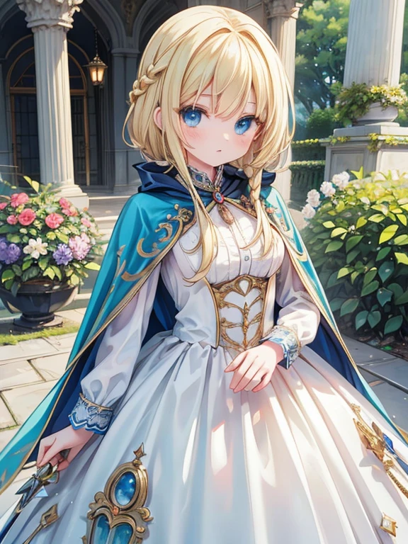 masterpiece, highest quality, Very detailed, 16k, Ultra-high resolution, Cowboy Shot, Detailed face, Perfect Fingers, One female, aged 14, blue eyes, Blonde, Braid, royal palace, garden, hjy, a dress with a long train and a cape