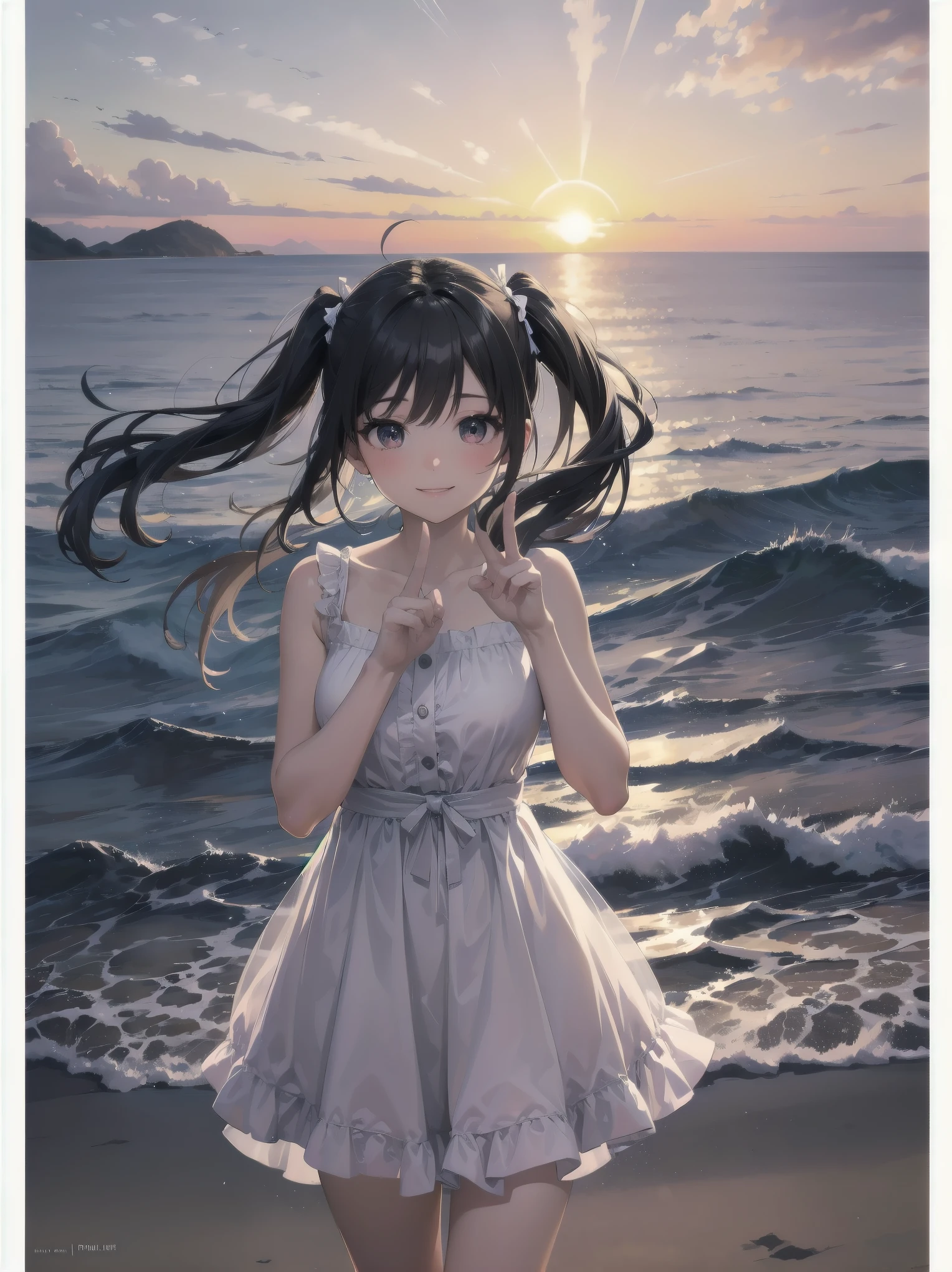 Subject: Cute beautiful girl
Subtitle: {Twintails in long black hair}{White frilly dress}{Peace sign}{Sunset on the beach}{Smile}{High quality camera, f/2.8, 1/250 sec, ISO 100, blurred background effect}

A beautiful girl with long black hair tied in twin-tails stands on a beach at sunset. Her white frilly dress is swaying in the wind, enhancing her elegance. The beautiful girl makes a peace sign and smiles. The orange of the setting sun illuminates her face, making her smile look even prettier. The background clearly shows the expanse of sea and sky, and the whole scene is as beautiful as a scene from a film. The camera was set to a high quality camera with an aperture of f/2.8, a shutter speed of 1/250 sec and ISO 100, and the background was blurred to make the subject stand out.