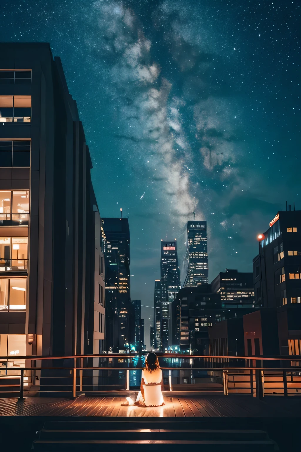 A girl sitting on a ledge looking at the stars above the city、Octane, null, star (null), landscape, starry null, night, only , night null, alone, Outdoor, sign, building, cloud, milky way, Sitting, wood, Long Hair, city, silhouette, cityscape
