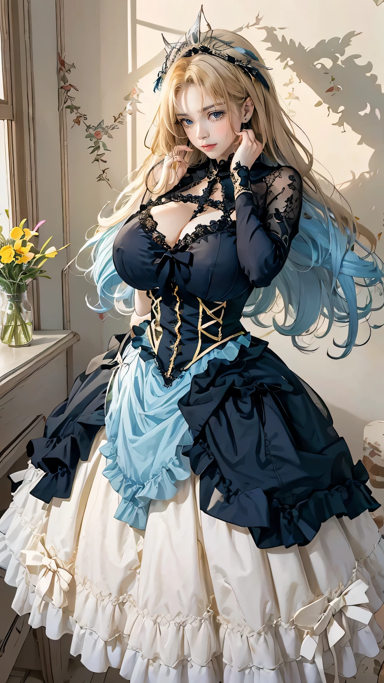 Best quality, masterpiece, ultra high res, raw photo, beautiful and aesthetic, deep shadow, fairy theme,(ultra detailed:1.3),
1girl, sexy pose, headdress, (beautiful face, detailed eye, embarrassed), drill hair, long hair, blonde hair, gradient hair, yellow eyes, solo, (busty breasts, gigantic breasts:1.1), big hair, blue hair, divine goddess, looking at viewer, indoors, modern bedroom, room full of curtain, astraea, full body, lolita1,dress,flower