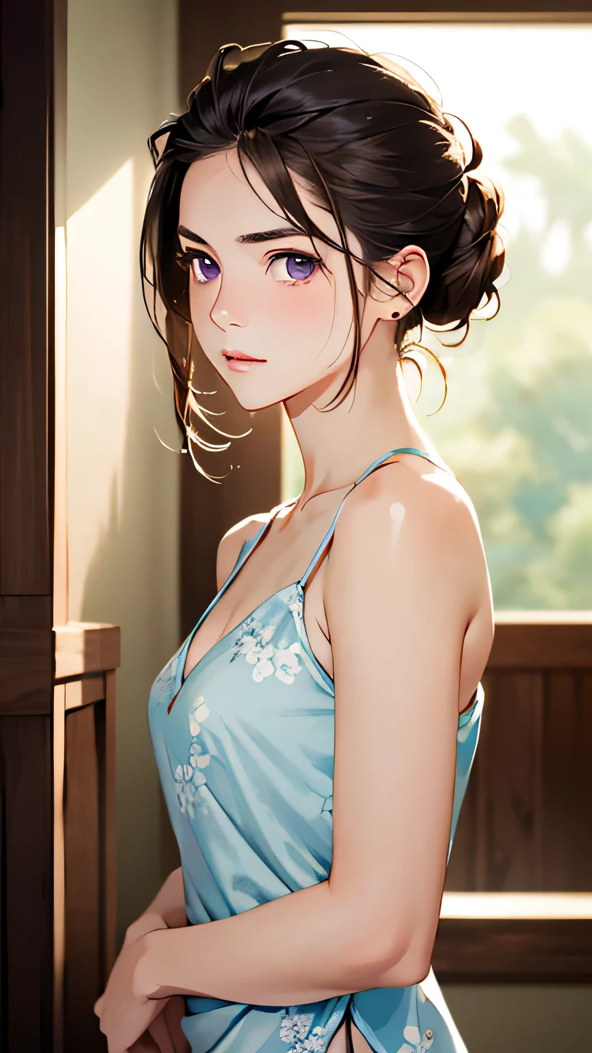 (masterpiece:1.2, highest quality), (Realistic, photoRealistic:1.4), Beautiful illustrations, (Natural Side Lighting, Cinema Lighting), 
Looking at the audience, 1 girl, Japanese, Perfect Face, Perfect Anatomy, Symmetrical cute face, Shiny skin, 
(Mid-length hair:1.6, Hair Bun:1.5, Brown Hair), Hair between the eyes, Purple eyes, 
Beautiful Hair, Beautiful Face, Fine and beautiful eyes, Beautiful clavicle, Beautiful body,  Beautiful light blue Chinese dress,