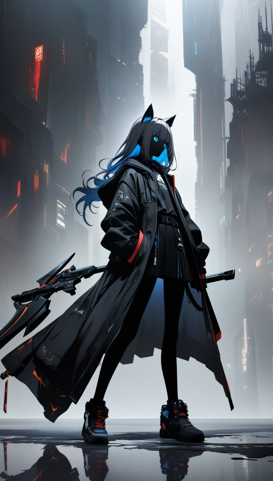 32k, best quality, ultra high res, HDR, UHD, extremely detailed CG, unity 32k wallpaper, A dark, futuristic, silhouetted figure of a girl with cat ears and a long, flowing coat, holding a massive scythe with a mechanical cat integrated into the blade, standing on a reflective surface with a minimalist, light gray background. --ar 4:3 --stylize 600 --niji 6, JapaneseAnime,ink background,cool illustration, whole body,twin characters ,street style,blue boy with red girl,Contrast ,silver cybanetic gun --ar 1:1,