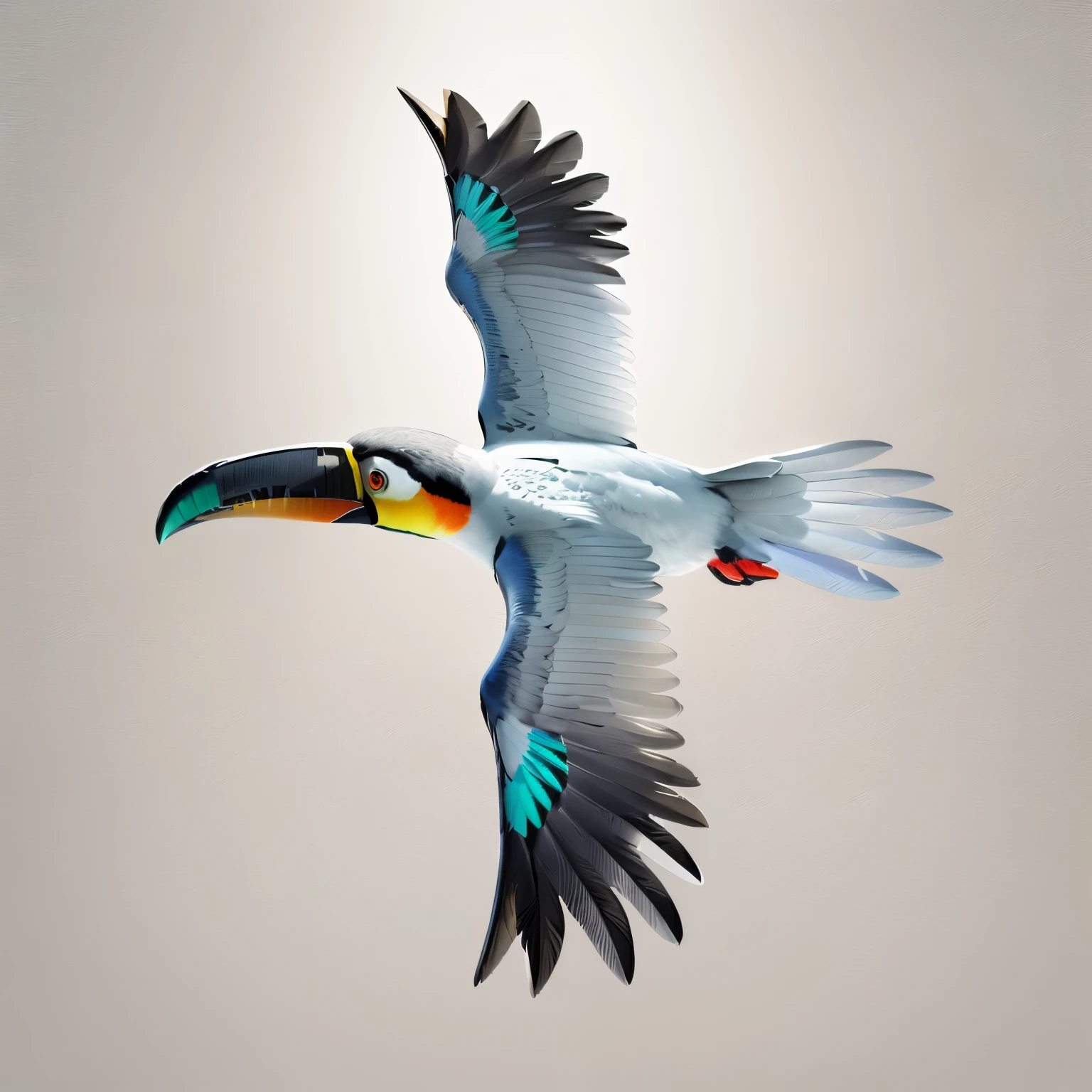 Colorful birds spread their wings and fly in the sky, Colorful bird, toucan, On a gray background, On a gray background, 6 Toucan Beak, HD illustrations, Realistic prints with different tones, a Surreal bird, Realistic illustration, depicted as a 3 d render, Surreal bird, Ultra-realistic high detail, illustration