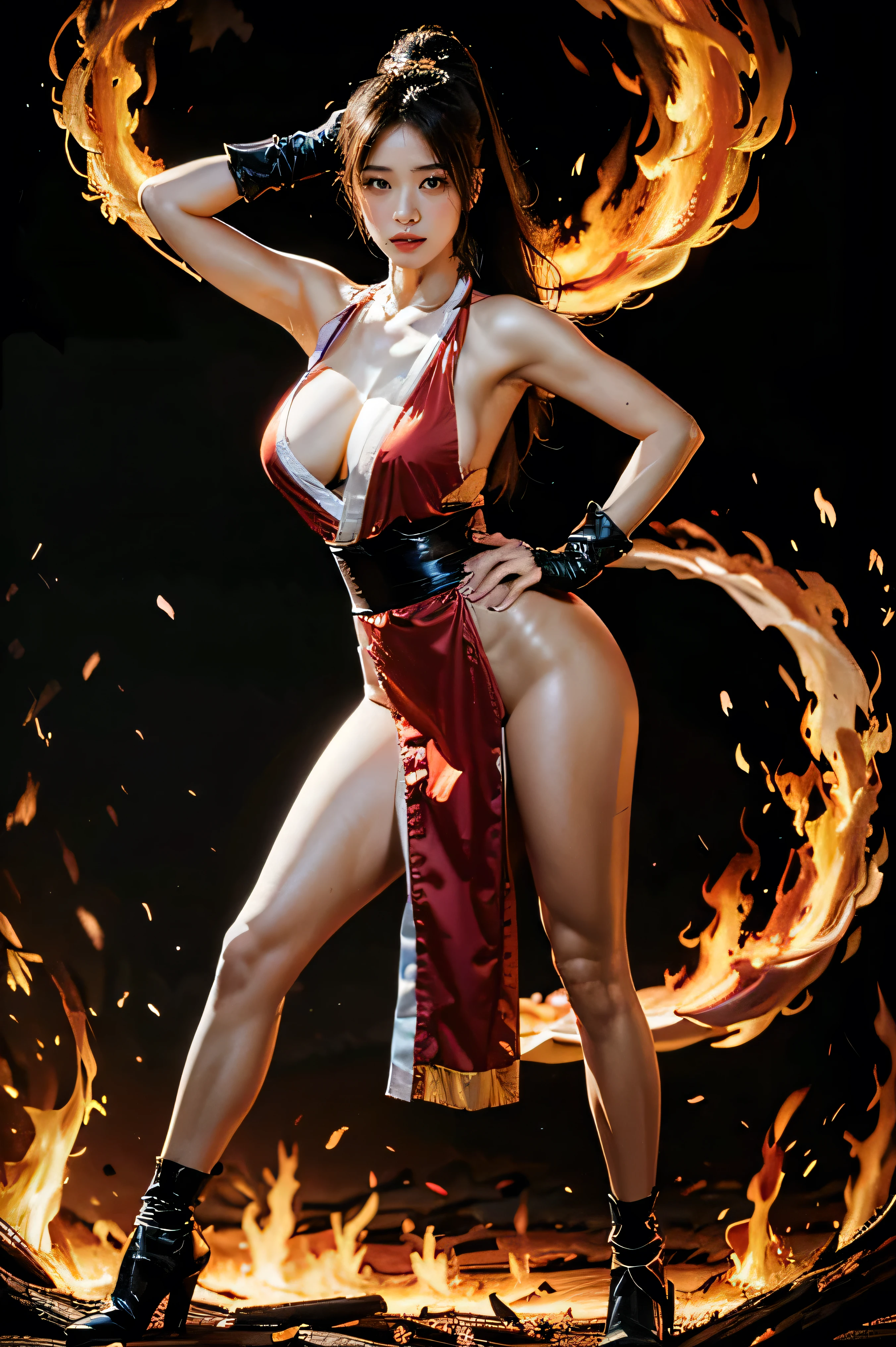 face lighting,bright backlight,medium chest,ultra high resolution,best quality,picture,4K,(realistic:1.2),Whoa,1 girl,sexy,cosplay,mai shiranui (The King of Fighters),standing,spread legs,put hands on hips,confidence,looking to the side,expressive eyes,long flowing hair,Red cheongsam dress with high slit,Neckline is revealed,(Enough fragmentation:1.2),A thin waist,long legs,(Thigh-length socks:1.3),high heel,fingerless gloves,fan accessories,Fiery background,flames,dynamic pose.,((The Burning Forest)), flame, light leak, fiery sky, flame, flames burning around, (flying flames), Good smell, Nice fragrance, sensual feeling, looking at me, eyes are on me, colorful flame