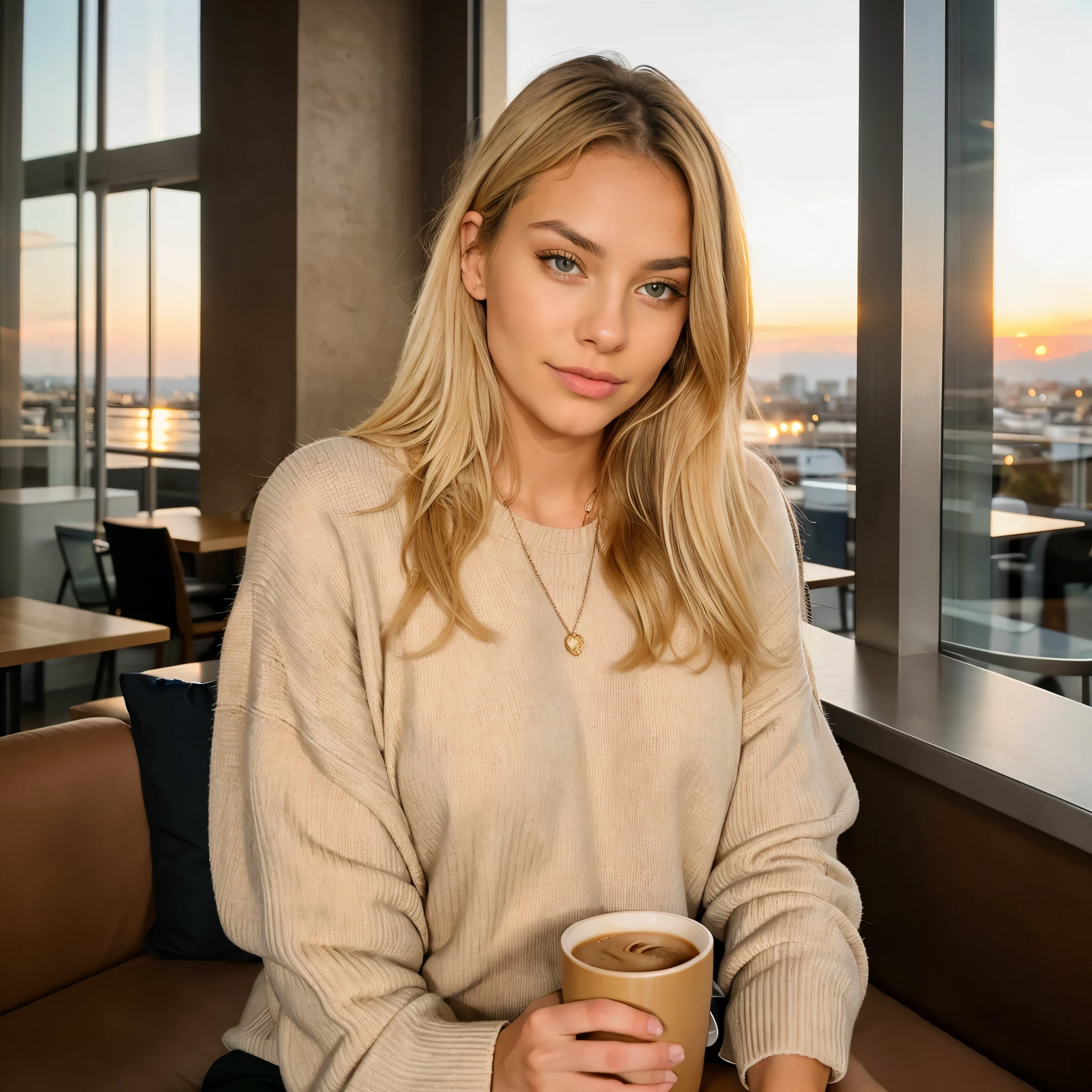 Beautiful blonde in a beige sweater (Having a cup of coffee in a modern cafe at sunset), Muy detallado, 21 years, rostro inocente, cabello rizado natural, ojos azules, high resolution, jefe de'Obra de arte, mejor calidad, detalles intrincados, Muy detallado, Sharp focus, piel detallada, realista skin textura, textura, ojos detallados, profesional, 4k, Sonrisa encantandora, filmado en canon, 85mm, poca profundidad de campo, Kodak Vision Color, cuerpo perfectamente ajustado, extremadamente detallado, Photographyr_\(ultra\), Fotorrealista, realista, Post tratamiento, Maximum details, Aspereza, vida real, ultra realist, Photorealism, Photography, 8k eh, Photography,plan grande
