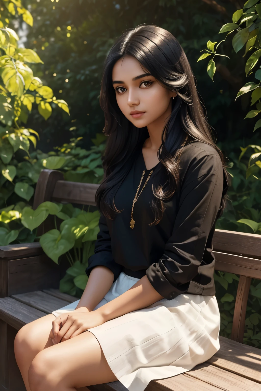 A beautiful indian girl, detailed face, long black hair, wearing a black shirt, white skirt, sitting on a wooden bench, detailed background, outdoor garden scene, natural lighting, golden hour, warm colors, highly detailed, photorealistic, 8k, masterpiece