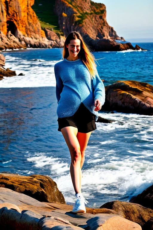 Girl,perfect facial features, dancing, movements smooth and graceful, as if she merged with the melody as one, long light knitted sweater of the girl falls from the shoulders, denim shorts, high emphasizes the slenderness of the figure, high sneakers, beautiful magical dawn, azure sea, waves hit the rocks,, behind you can see the impregnable mountains