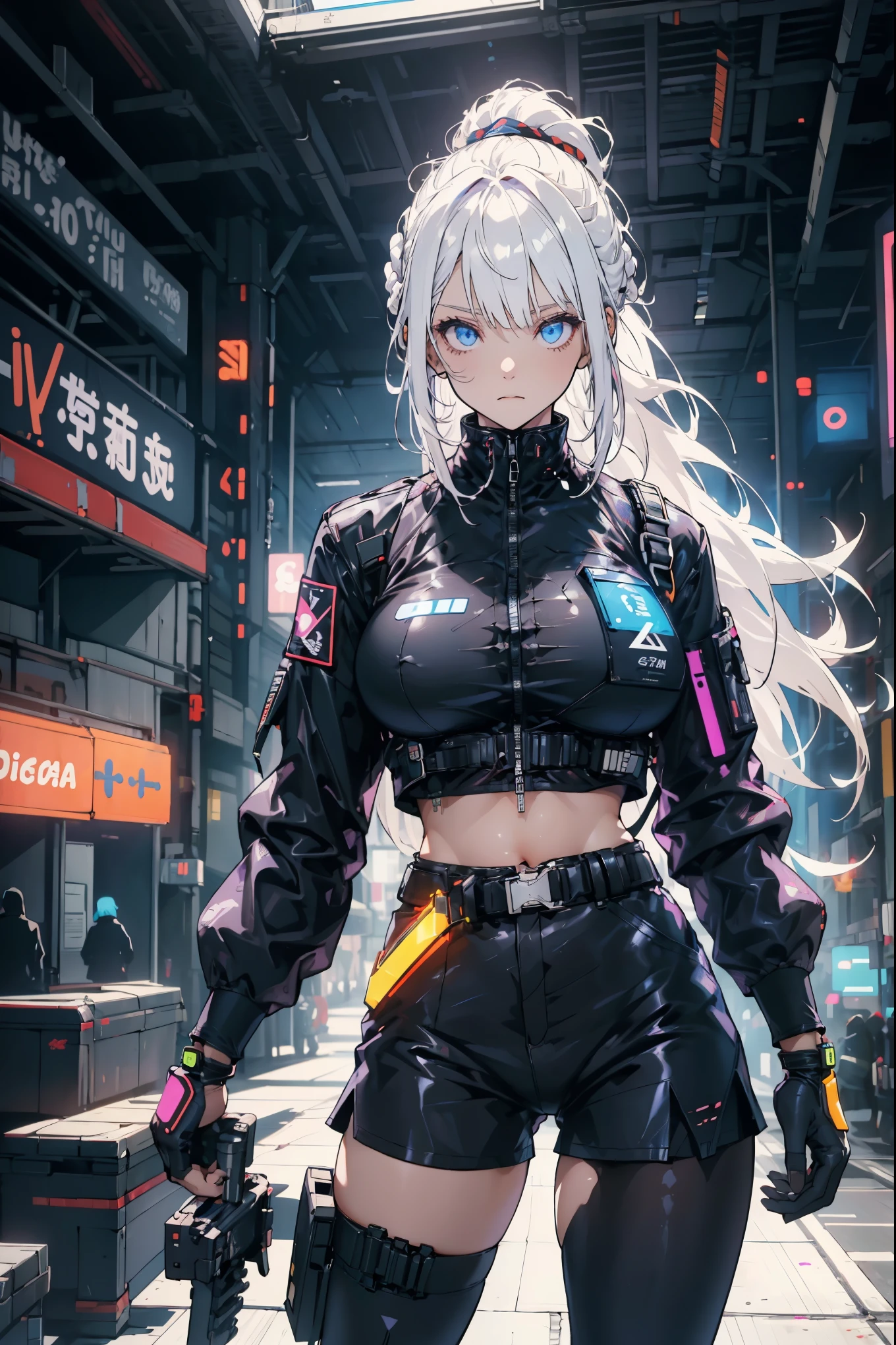 (Flat Color),(Colorful),(masterpiece:1.2), best quality, masterpiece, looking at the audience, White background,
1 girl, white hair, Slightly curly hair, poker face, Ponytail, Side braids,
Mecha tights, Mecha Museum, Mechanical Parts,United, have, Cyberpunk, neon_Neatly manicured, glowing neon lights, blue, purple,
open jacket,Black transparent pantyhose, visible (Transparent crop top), shirt,
garter,tie, Umbilical cord, Gloves,Hand katana,
High-tech clothing jackets, with buckle and duct tape, black Gloves, Tactical Vest,cyberhelmet,,(helmet)(Huge breasts:1.2),Moist skin