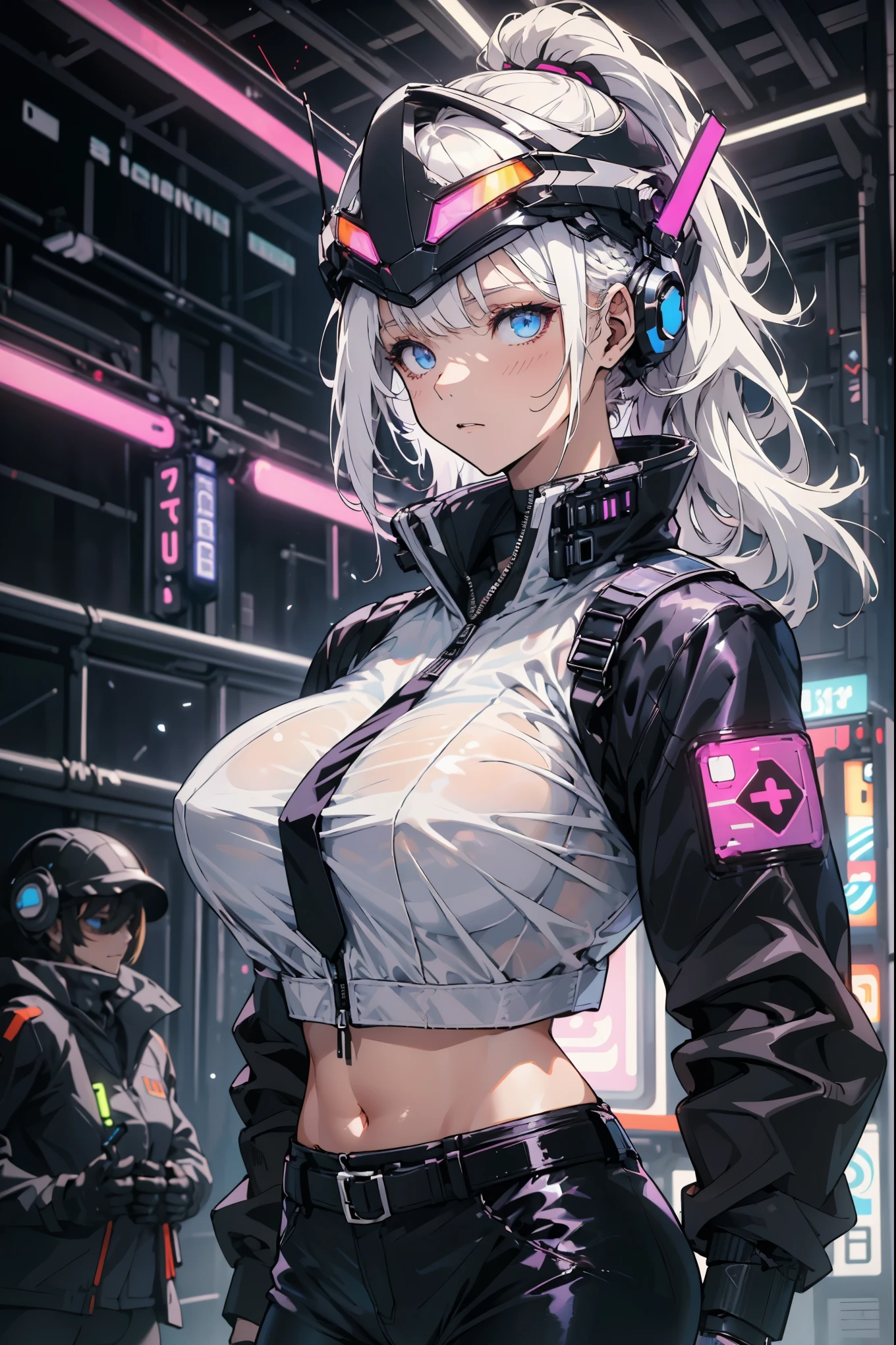 (Flat Color),(Colorful),(masterpiece:1.2), best quality, masterpiece, looking at the audience, White background,
1 girl, white hair, Slightly curly hair, poker face, Ponytail, Side braids,
Mecha tights, Mecha Museum, Mechanical Parts,United, have, Cyberpunk, neon_Neatly manicured, glowing neon lights, blue, purple,
open jacket,Black transparent pantyhose, visible (Transparent crop top), shirt,
garter,tie, Umbilical cord, Gloves,Hand katana,
High-tech clothing jackets, with buckle and duct tape, black Gloves, Tactical Vest,cyberhelmet,,(helmet)(Huge breasts:1.2),Moist skin