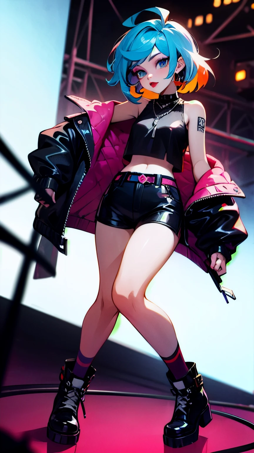 Punk rock musician girl, white red purple orange yellow mesh color hair, dark eyeshadow, blue eyes, bright red lipstick, black leather cut and sew sleeveless top, black leather chain shorts, black leather heel boots, necklace, slum stage with a strange atmosphere, midnight, punk outfit,