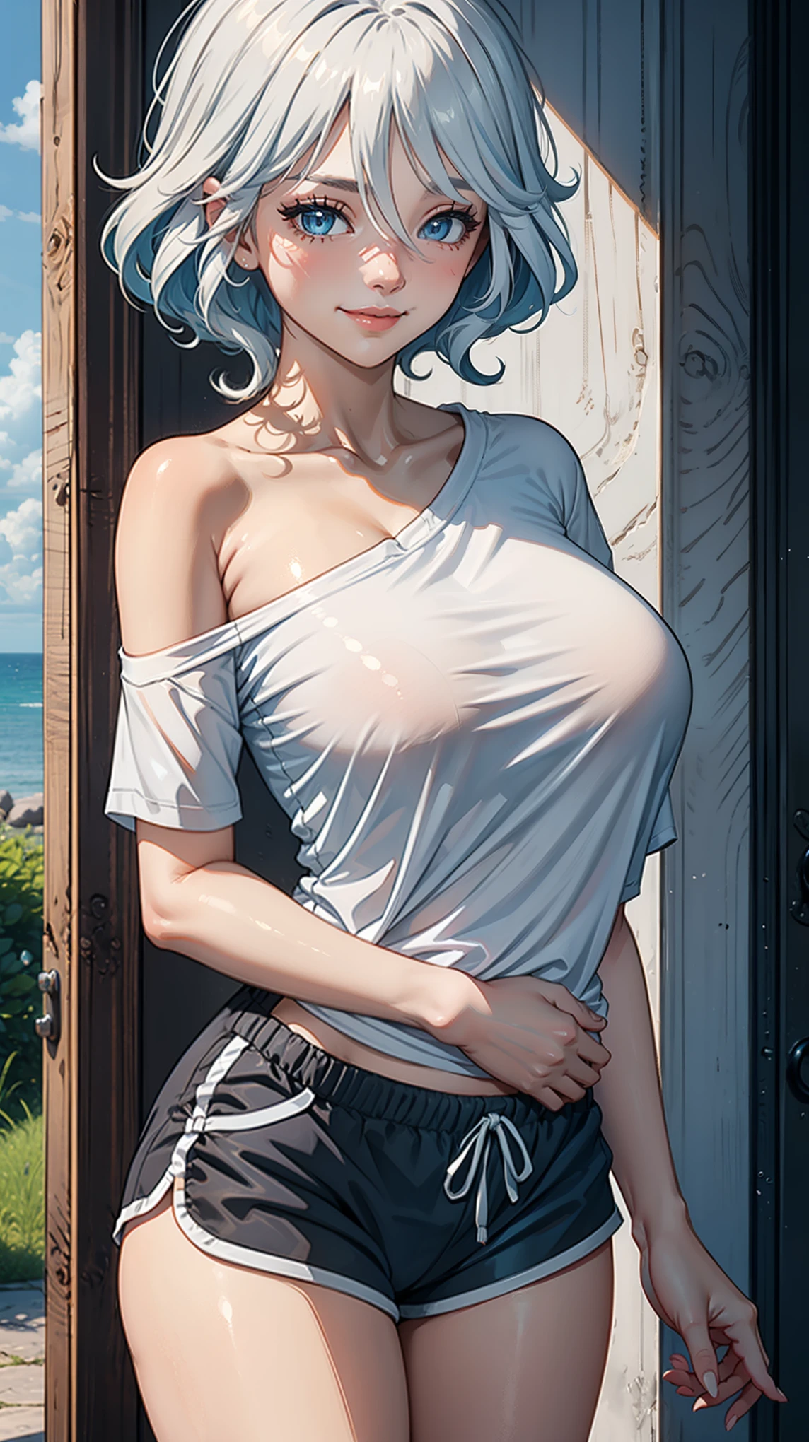 (Furinarnd), masterpiece, narrow waist,huge breast, blush, detail body, outdoor, detail eyes, cg, (Single Bare Shoulder shirt short), standing, smile, (from front), dolphin shorts, white shirt