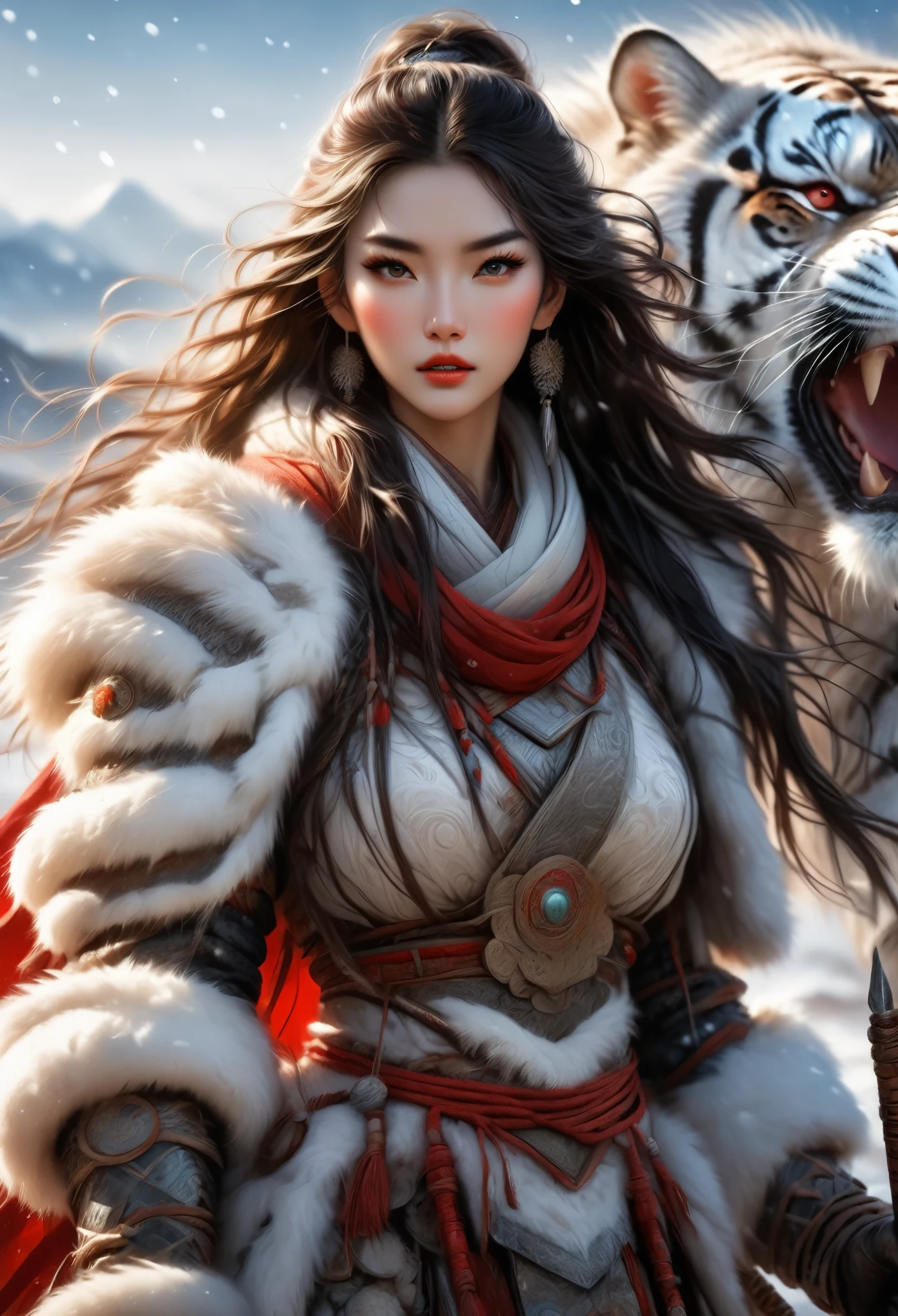 (best quality,4k,8K,High resolution,masterpiece:1.2),Extremely detailed,(Practical,photoPractical,photo-Practical:1.37),Thick fur winter coat,Creative fusion of traditional Chinese design patterns and contemporary elements, Fluffy hair covers the face and reveals beautiful eyes，Red paint， Intense expression, Energetic, Sharp eyes, 1 Samurai, Handsome face, Tiger beast, Epic Fantasy Character Art, wearing intricate fur armor, Luis Royo (Luis Royo) style, Northern female warrior holding a spear, HDR, Ultra HD, Studio Lighting, Super Fine, Clear focus, Physically Based Rendering, Extremely detailed的描述, professional, Bright colors, Bokeh, portrait, landscape