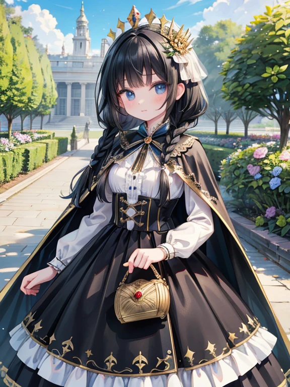 masterpiece, highest quality, Very detailed, 16k, Ultra-high resolution, Cowboy Shot, Detailed face, Perfect Fingers, One female, aged 14, black eye, Black Hair, Braid, royal palace, garden, hjy, a dress with a long train and a cape