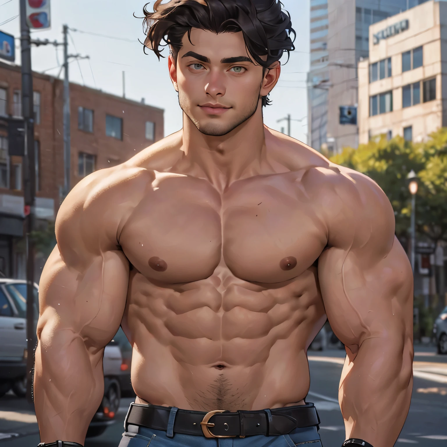 ((the best quality)), ((Masterpiece)), (details), perfect face, high definition, Masterpiece,4k,details clearly, Handsome face, white skin, perfect body, male body, strong muscles, abdomen, Gray eyes, white skin, The most handsome man in the world, handsome, The coolest face, Male characters, close image (1man, shirtless), young man, mischievous smile, Extremely muscular tall man, open your eyes ((detailed eyes)), huge, muscular body and Massive, bulging pecs, muscular abs, narrow waist, short hair, gray eyes, delicate big eyes, carefree expression, clear face, handsome (detailed face, perfect face) ((extremely realistic shadows, bodybuilding posture, human, ((22-year-old young man)), V shape, athletic, athletic, Shirtless, Sunlight, City, lower pants, topless, close up look, CG sense, Textured skin, the best quality, Storytelling images, lower your pants, show Panty line, Show your abs, show arm muscle, Black hair, shining gray eyes, eyes contact, high school jeans, green plum bob, leather belt, bracelets, rings