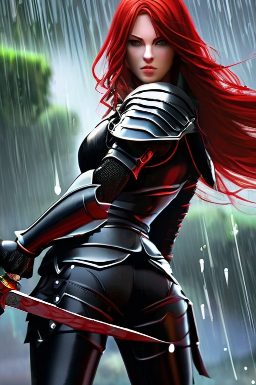 beautiful girl warrior, red hair, black armor clothes, furious, protection a sword, in the rain, perfect ass