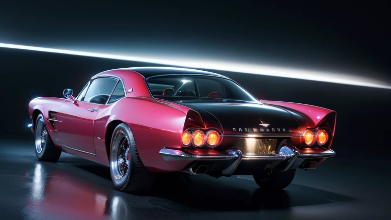 1960s luxury retro futuristic sedan, highly detailed, 8k, hyperrealistic, intricate details, glossy finish, dynamic rear view perspective, dramatic lighting, vibrant colors, cinematic composition, elegant design, chrome accents, smooth curves, advanced technology, floating car, hovering effect, glowing neon lights, science fiction, concept art