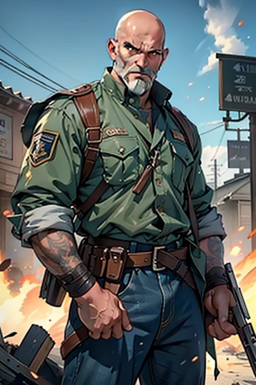 A middle-aged male hired gun, bald with a short, meticulously designed beard, stands tall against the backdrop of a chaotic battlefield.His eyes, ultra-detailed and hyperrealistic, convey a fierce intensity and focus. His body, detailed and defined, is outfitted in a military uniform, the fabric worn and weathered from the rigors of combat. In one hand, he clutches a weathered gun, the barrel gleaming in the sunlight. Behind him, the landscape is a blur of explosion and destruction, the ground shaking beneath his feet from the impact of nearby blasts. Despite the chaos around him, his expression remains calm and determined, the lines on his face deepening with each