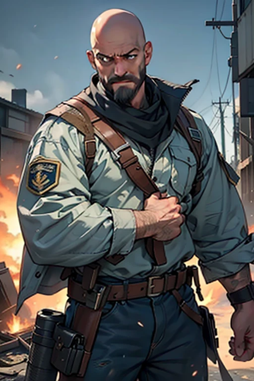 A middle-aged male hired gun, bald with a short, meticulously designed beard, stands tall against the backdrop of a chaotic battlefield.His eyes, ultra-detailed and hyperrealistic, convey a fierce intensity and focus. His body, detailed and defined, is outfitted in a military uniform, the fabric worn and weathered from the rigors of combat. In one hand, he clutches a weathered gun, the barrel gleaming in the sunlight. Behind him, the landscape is a blur of explosion and destruction, the ground shaking beneath his feet from the impact of nearby blasts. Despite the chaos around him, his expression remains calm and determined, the lines on his face deepening with each