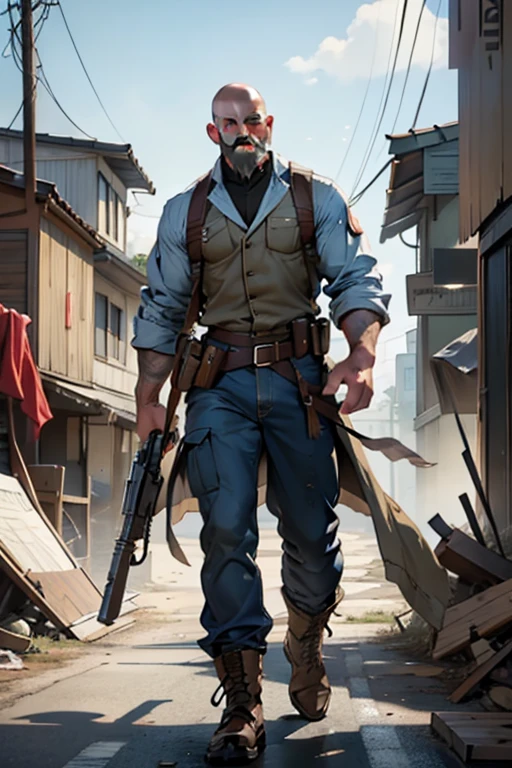 A middle-aged male hired gun, bald with a short, meticulously designed beard, stands tall against the backdrop of a chaotic battlefield.His eyes, ultra-detailed and hyperrealistic, convey a fierce intensity and focus. His body, detailed and defined, is outfitted in a military uniform, the fabric worn and weathered from the rigors of combat. In one hand, he clutches a weathered gun, the barrel gleaming in the sunlight. Behind him, the landscape is a blur of explosion and destruction, the ground shaking beneath his feet from the impact of nearby blasts. Despite the chaos around him, his expression remains calm and determined, the lines on his face deepening with each