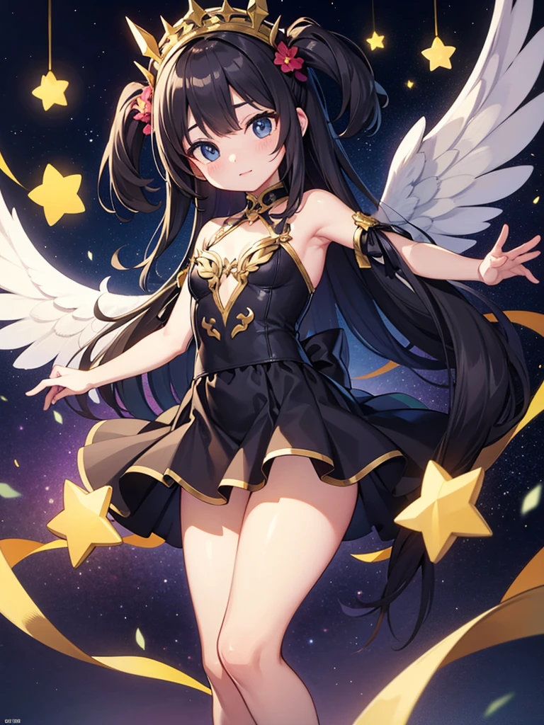 highest quality、Masterpiece、Official Art、Super detailed、The best composition、Star Fairy, Angel's wing, Gray Hair, vtuber-fullbody、hair band, short hair, dress, Frills, Blue eyes, blue dress,Star horn , Are standing