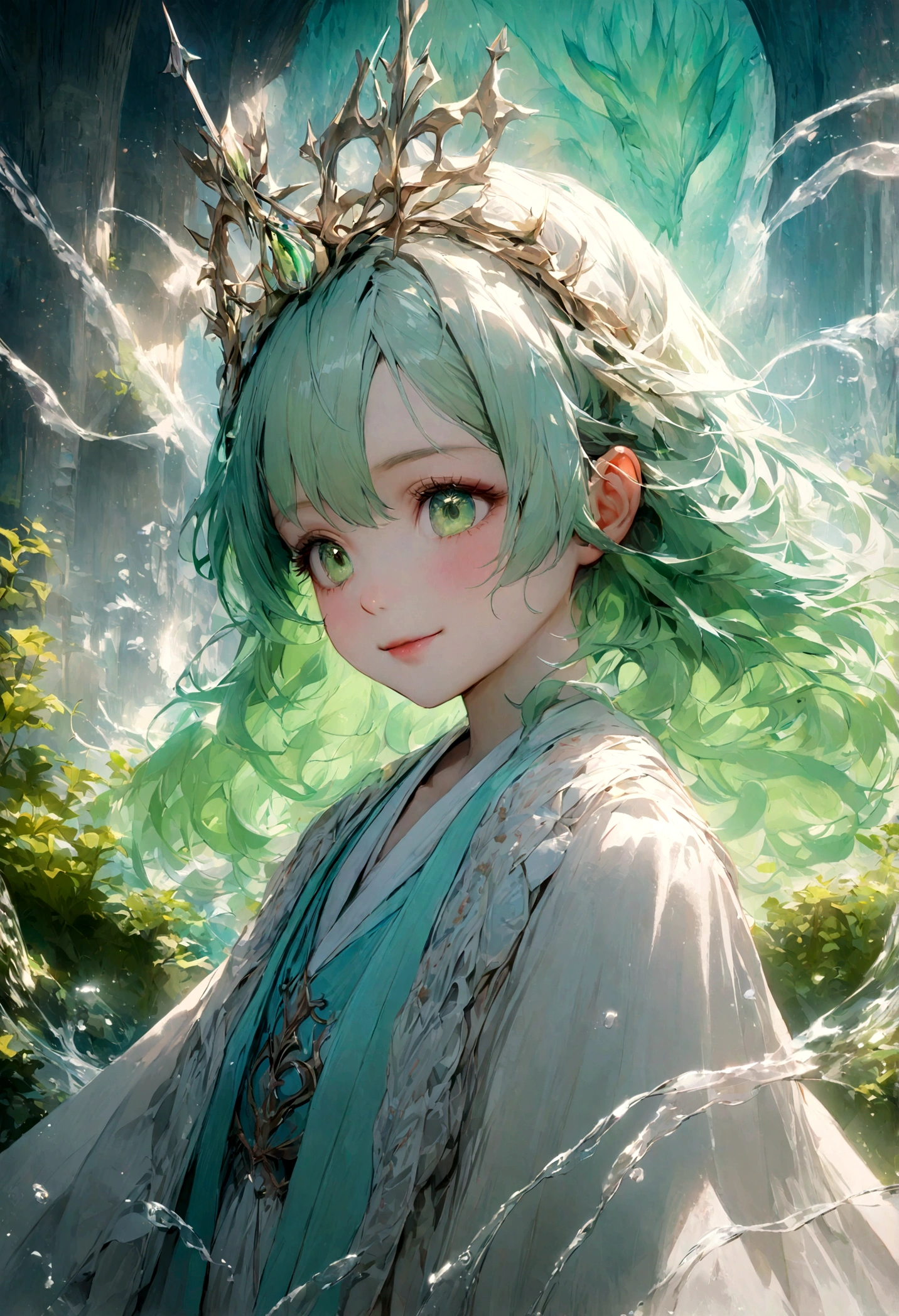 8K, Top quality, masterpiece，A glowing crystal dragon looking down at the little girl，A 12-year-old young Chinese girl exudes a sweet smile。Facing the Crystal Dragon，She wears white Hanfu，wonderland，Flowing and agile，The background color is light green lake water，Dreamy、Dynamic water interactions，high resolution, Super Detail, Textured Skin, Anatomically correct, Authentic expression, realism，original photography,