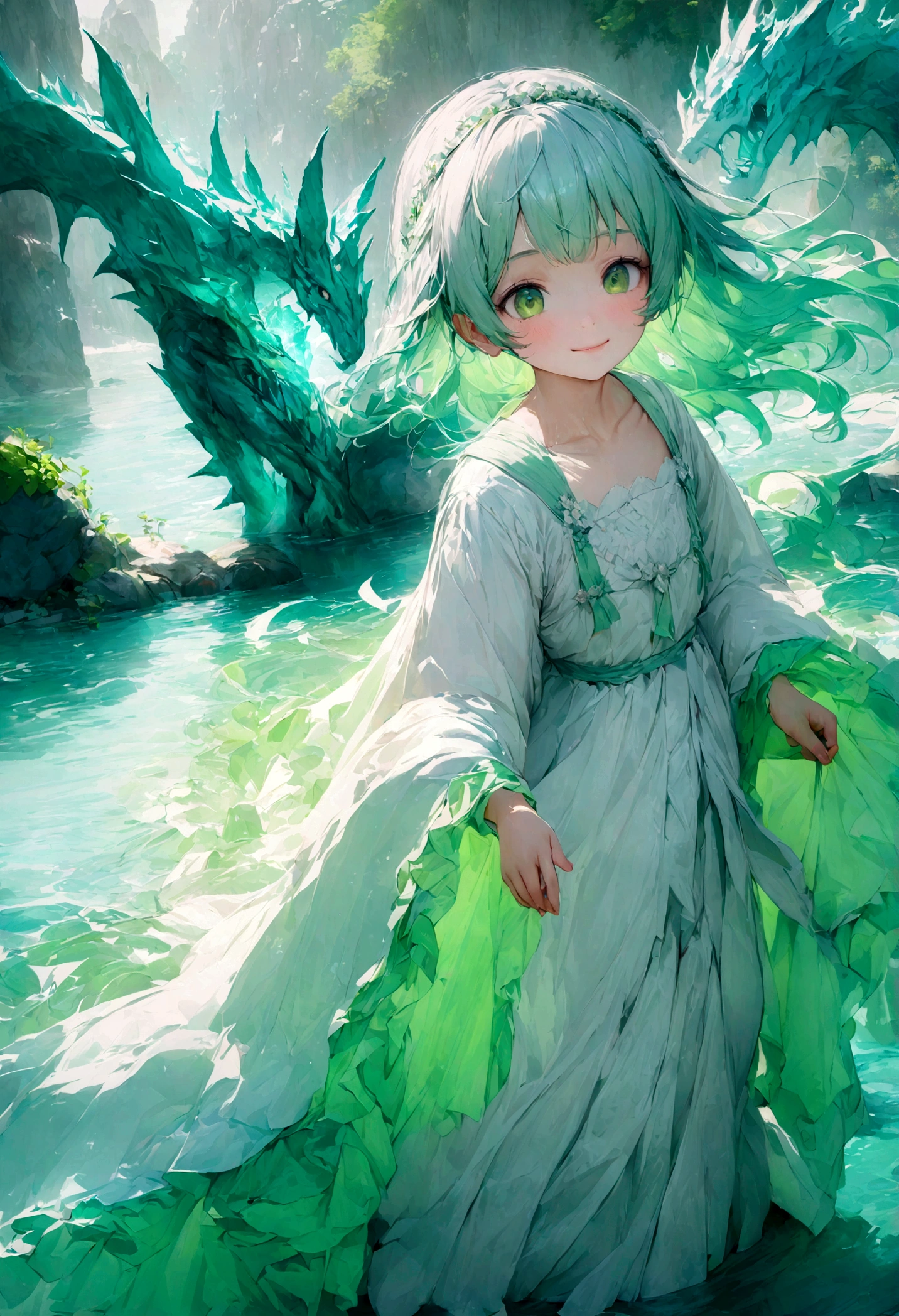 8K, Top quality, masterpiece,A glowing crystal dragon looking down at the ,A 12-year-old young Chinese girl exudes a sweet smile。Facing the Crystal Dragon,She wears white Hanfu,wonderland,Flowing and agile,The background color is light green lake water,Dreamy、Dynamic water interactions,high resolution, Super Detail, Textured Skin, Anatomically correct, Authentic expression, realism,original photography,