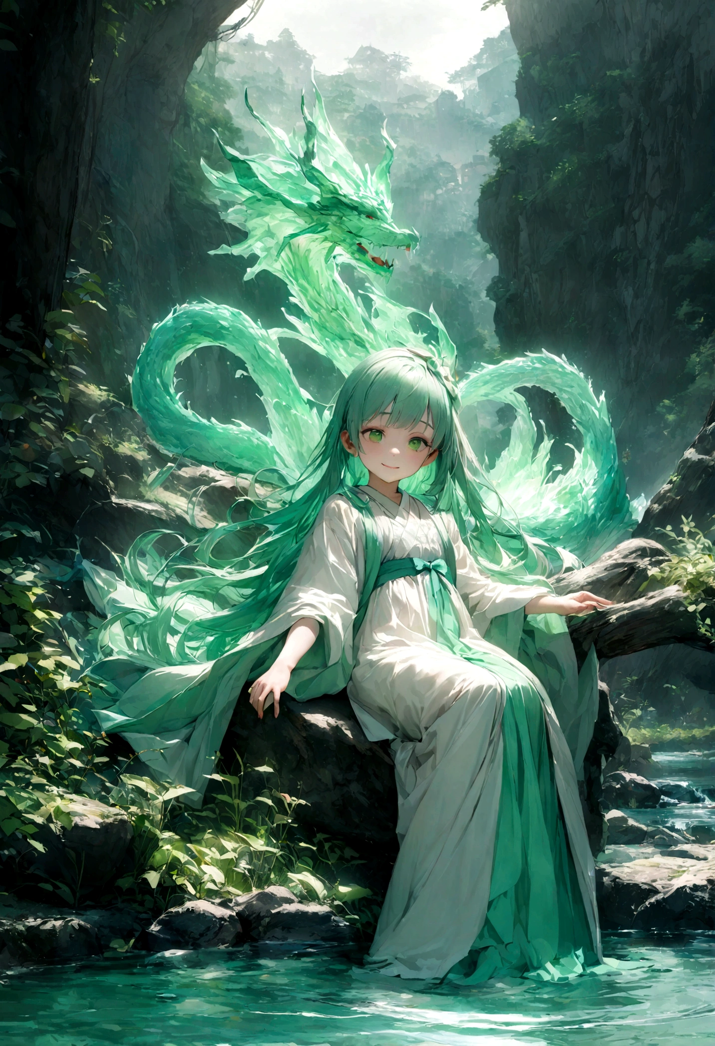 8K, Top quality, masterpiece,A glowing crystal dragon looking down at the girl,A 12-yeaoldng Chl exudes a sweet smile。Facing the Crystal Dragon,She wears white Hanfu,wonderland,Flowing and agile,The background color is light green lake water,Dreamy、Dynamic water interactions,high resolution, Super Detail, Textured Skin, Anatomically correct, Authentic expression, realism,original photography,