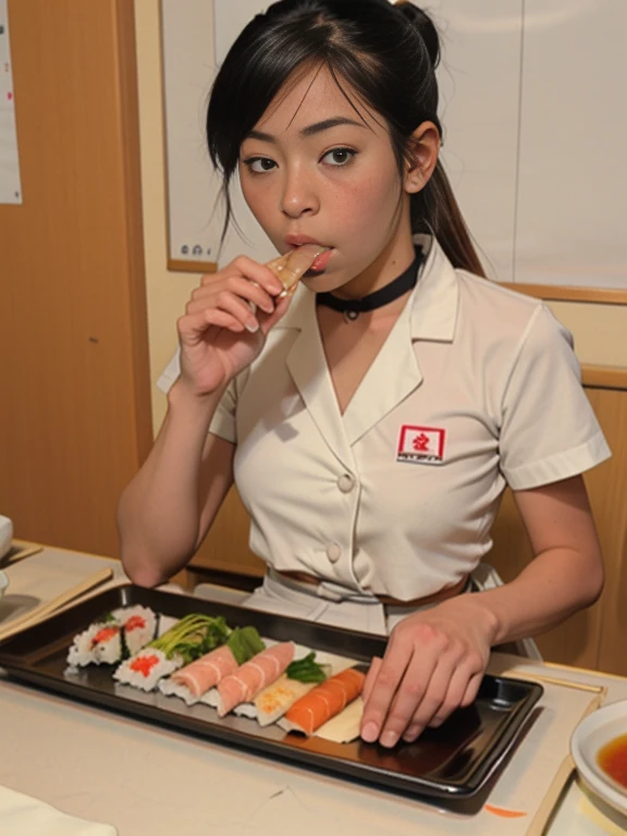 Japanese  girl sucking on a sushi roll,