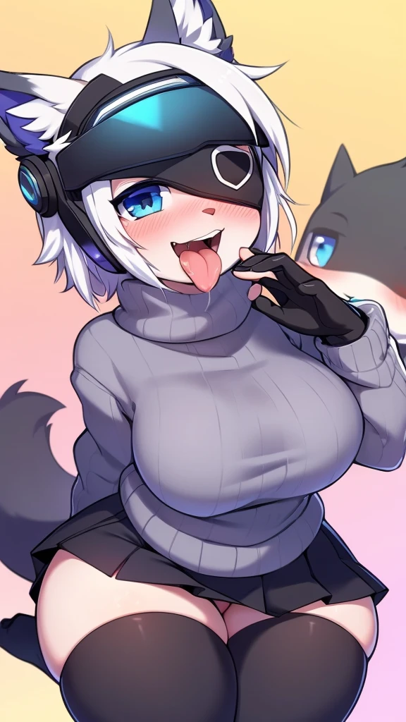 Short white hair, blue eyes, eyepatch, adorable smile, cute smile, skirt, sweater, gray sweater, big butt, big ass, wide hips, thick thighs, thigh highs, small boobs, very small boobs, looking up at viewer, front view, lusty smile, shy, blush, blushing, fellatio, fellatio gesture, open mouth, tongue, sticking out tongue, protogen, visor, 