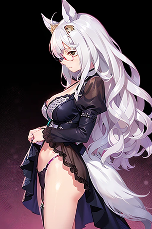 biwa hayahide \(umamusume\)、wearing a sexy lingerie, under rim glasses, {best quality}, {very aesthetic}, {ultra-detailed}, {best illustration}, nsfw, 1girl, 1man, sex, standing doggy, from side
