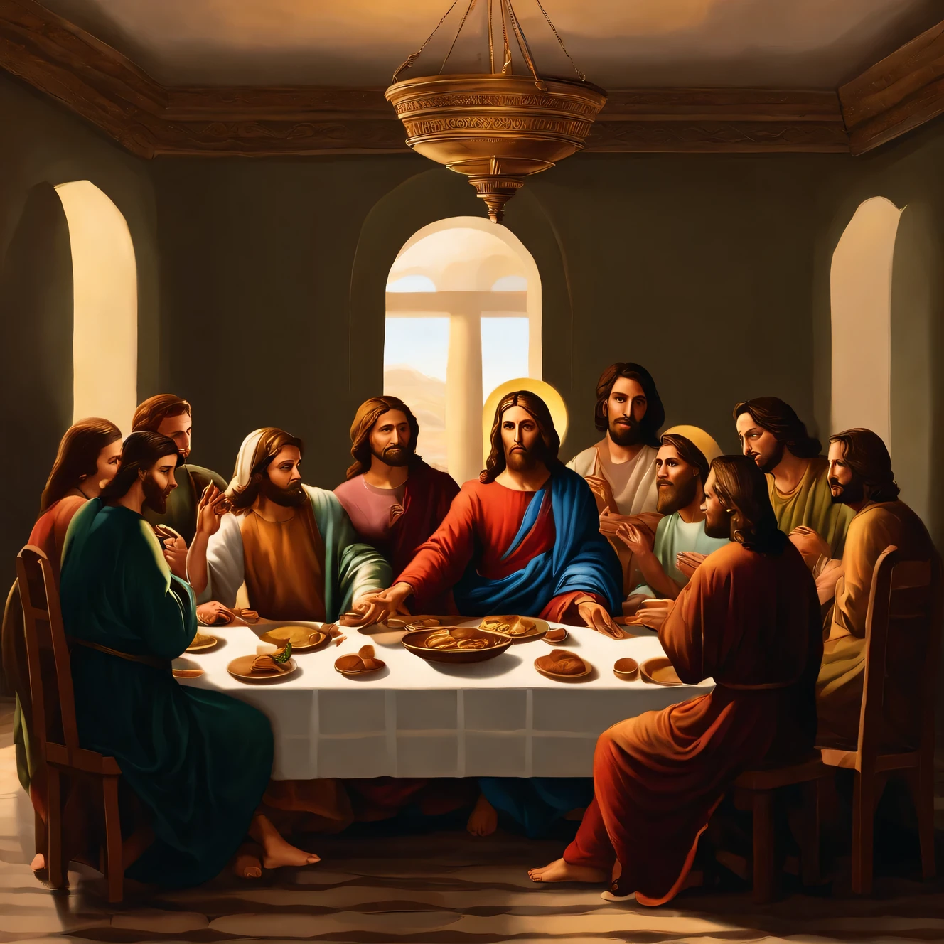 "Create an illustration of the Last Supper featuring Jesus and his disciples gathered around a table. Jesus should be centrally positioned, with his disciples seated around him. The scene should capture the solemnity and significance of the moment, with attention to details like facial expressions, gestures, and the setting. Include elements such as bread, wine, and other symbolic items on the table to convey the theme of the Last Supper."