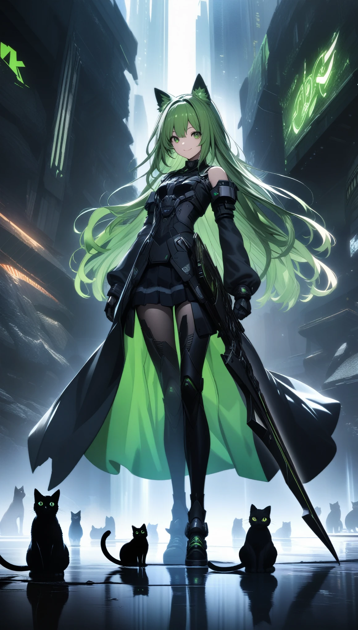 32k, best quality, ultra high res, HDR, UHD, extremely detailed CG, unity 32k wallpaper, A dark, futuristic, silhouetted figure of a girl with cat ears and a long, flowing coat, holding a massive scythe with a mechanical cat integrated into the blade, standing on a reflective surface with a minimalist, light gray background. --ar 4:3 --stylize 600 --niji 6, Rock sign hands, A vibrant anime-style illustration of a green-haired girl surrounded by cats, with her hands making the rock sign symbol and smiling at the camera. The background is filled with various cat characters in different poses, all rendered in a detailed manga art style. --ar 3:4 --niji 6 --style raw,
