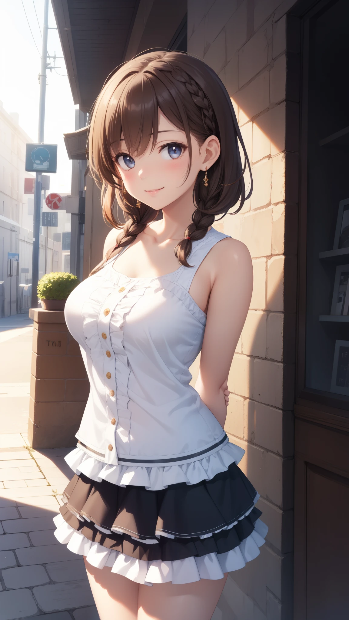 1girl, natural lighting, masterpiece, highly detailed, illustration, game CG, absurdres, high quality, aichan, large breasts, beautiful detailed eyes, short brown hair, side braid, light smile, frilly sleeveless top, collarbone, miniskirt, layered skirt, tiered skirt, outside, arms behind her back