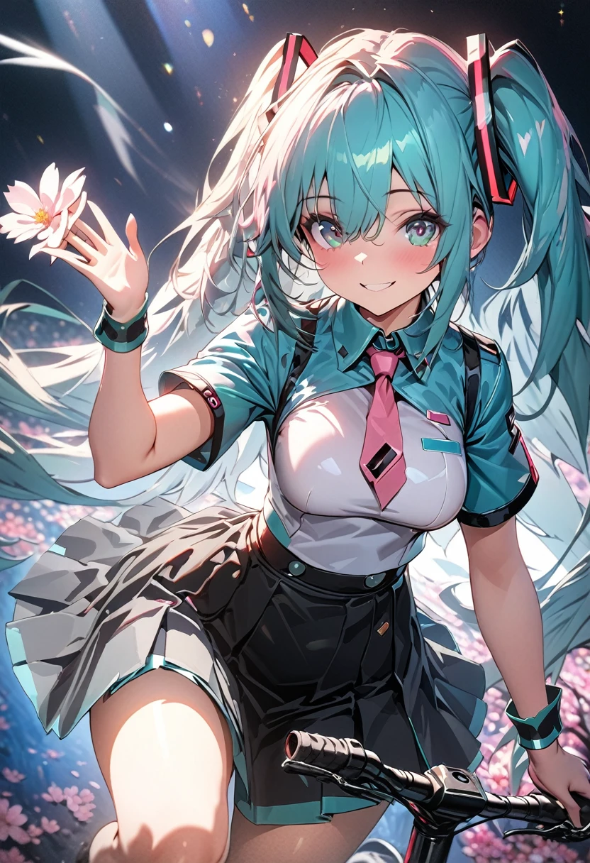 cute Hatsune Miku, cyberuniform, (riding bicycle:1.3), (cherry blossom trees,) Shimokawa embankment, smiling, (A flower waving in the wind A little panty is visible through the skirt:1.7),(Grip the handle with both hands:1.2),Diagonal back perspective,perfect five fingers,(best quality,4k,8k,highres,masterpiece:1.2),ultra-detailed,HDR,UHD,studio lighting,ultra-fine painting,sharp focus,physically-based rendering,extreme detail description,professional,vivid colors,bokeh