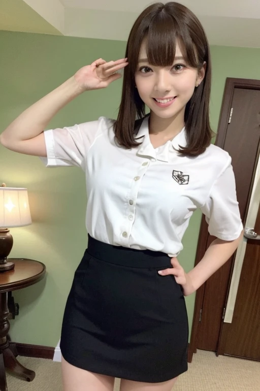 Gravure idol pose　Hotel　uniform　White clothes　high resolution　Not too small bust　Black Mini Skirt　Skirts should be shortened