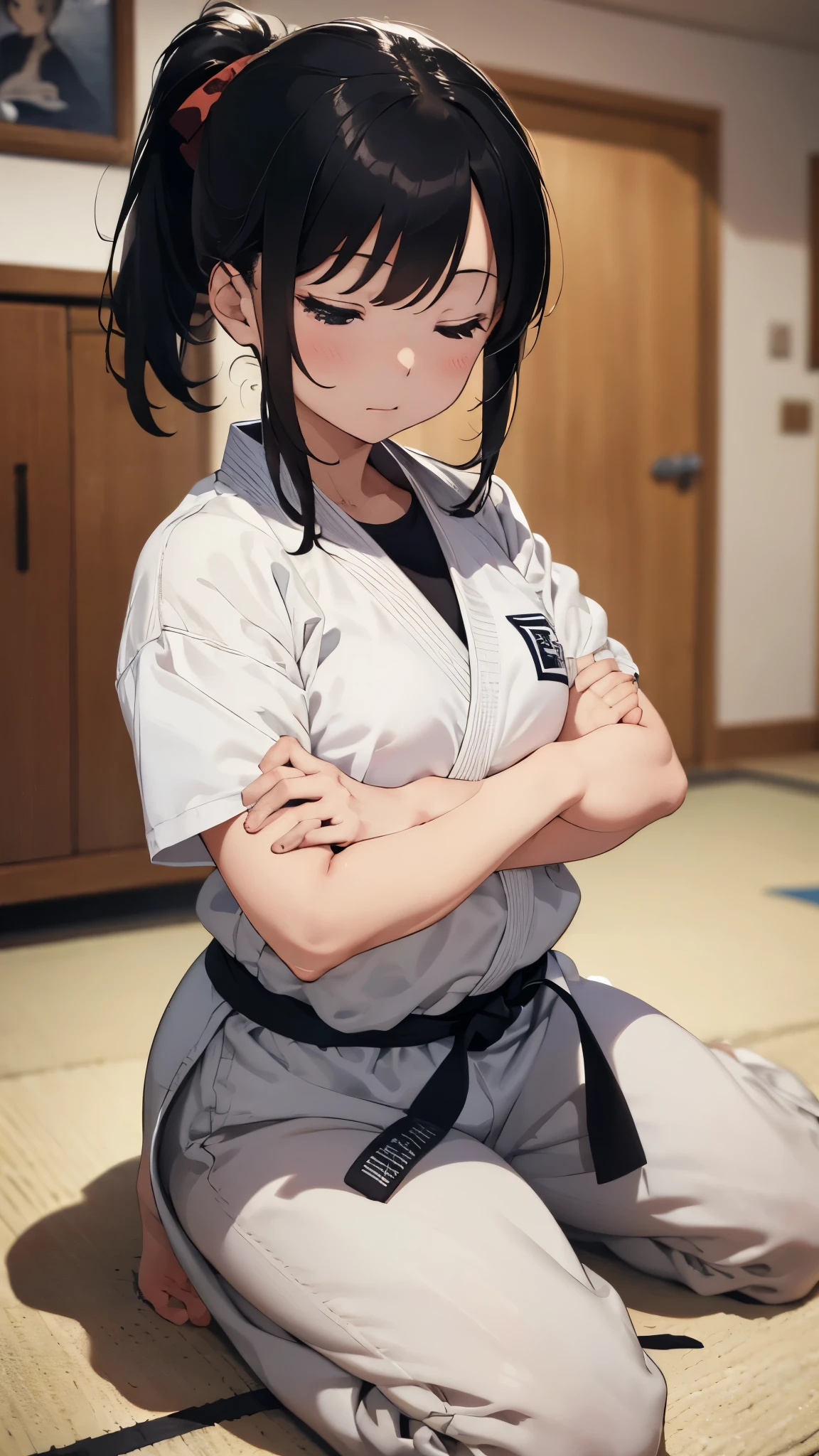 ((masterpiece, best quality, ultra-detailed, very fine 8KCG wallpapers)), 1girl, solo, Slightly chubby, medium hair, black hair, ponytail, black eyes,Judo player、Judo、Inside the dojo、Sitting upright、Eyes closed、Arms crossed、