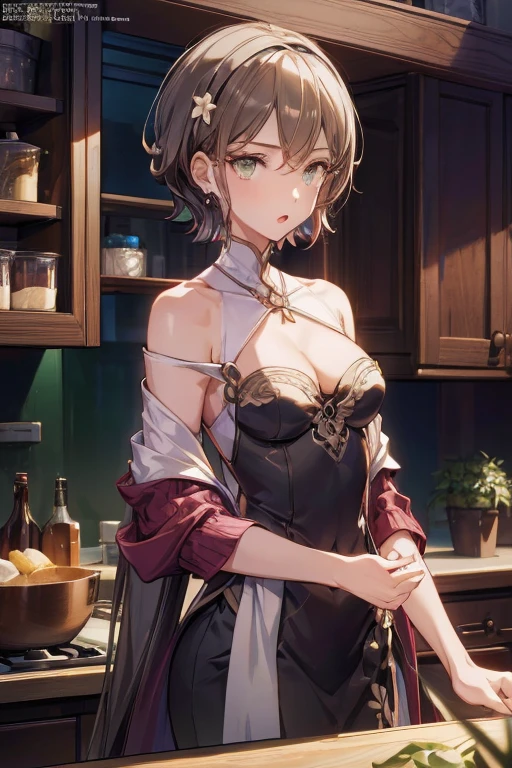 (small breasts:1.3), (perky chest:1.1), (pointed chest:1.0), (fashion magazine cover:1.3),(from below:1.0),(from side:0.9),masterpiece, 1girl, Amazing Cleavage:1.1, thin waist, big ass, Raised sexy, small breast: 1.3, posed cleavage:1.2、solo, looking at viewer, open mouth, have a cute grass of cute beergrass,black hair, dark green eyes, dress, bare shoulders, jewelry, collarbone, sidelocks, hairband, earrings, indoors, off shoulder, :o, sweater, arms behind back, plant, short hair with long locks, gild hairband, off-shoulder dress, sweater dress, off-shoulder sweater, red sweater, dark gord hair, big side hair, very long side hair,is rendered in (masterpiece: 1.2, best quality), with (ultra high resolution) and an exquisite (depth of field). This masterpiece is not only visually stunning but also tells,A scene of cooking in the kitchen by classroom