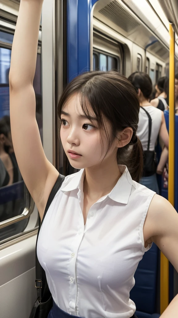 (masterpiece:1.2), highest quality, high resolution, realistic, 1 Japanese girl, Baby Face, Small breasts, slender ,Young appearance, ((Wearing a sleeveless shirt)), (showing her sweaty armpits), upper body, holding on to the railing of the train, presenting armpit, (looking away:1.4), (train interior:1.3), (crowded train:1.3),
upper body, (white shirts:1.5)