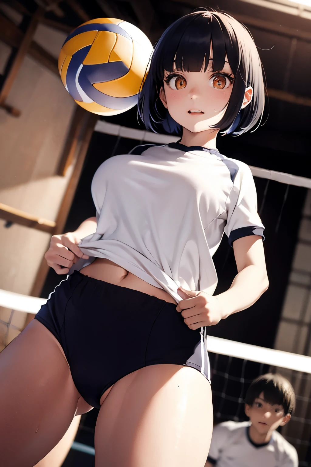 nsfw,highest quality、In 8K、masterpiece、Hmph、超A high resolution、RAW Photos、(Photorealistic:1.3)、Natural soft light、(Depth of written boundary)、Slender、(whole body:1.2)、From behind、Detailed face and eyes、Realistic students、Sharp pupils、Inside the gym、(Dynamic action poses、play volleyball)、Beautiful Face、Beautiful girl of 36 years old、Glowing Skin、Bobcut、Beautiful black hair、Blunt bangs、Red Eye、(blush:0.7)、Sweat、Volleyball Uniforms、(Thighs Thighs Thighs Thighs:0.8)、Hips、Huge Breasts:1.5