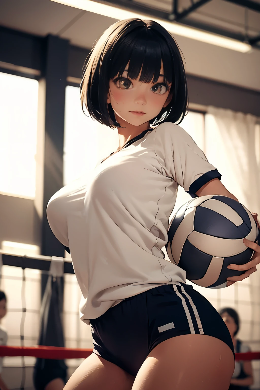 nsfw,highest quality、In 8K、masterpiece、Hmph、超A high resolution、RAW Photos、(Photorealistic:1.3)、Natural soft light、(Depth of written boundary)、Slender、(whole body:1.2)、From behind、Detailed face and eyes、Realistic students、Sharp pupils、Inside the gym、(Dynamic action poses、play volleyball)、Beautiful Face、Beautiful girl of 36 years old、Glowing Skin、Bobcut、Beautiful black hair、Blunt bangs、Red Eye、(blush:0.7)、Sweat、Volleyball Uniforms、(Thighs Thighs Thighs Thighs:0.8)、Hips、Huge Breasts:1.5