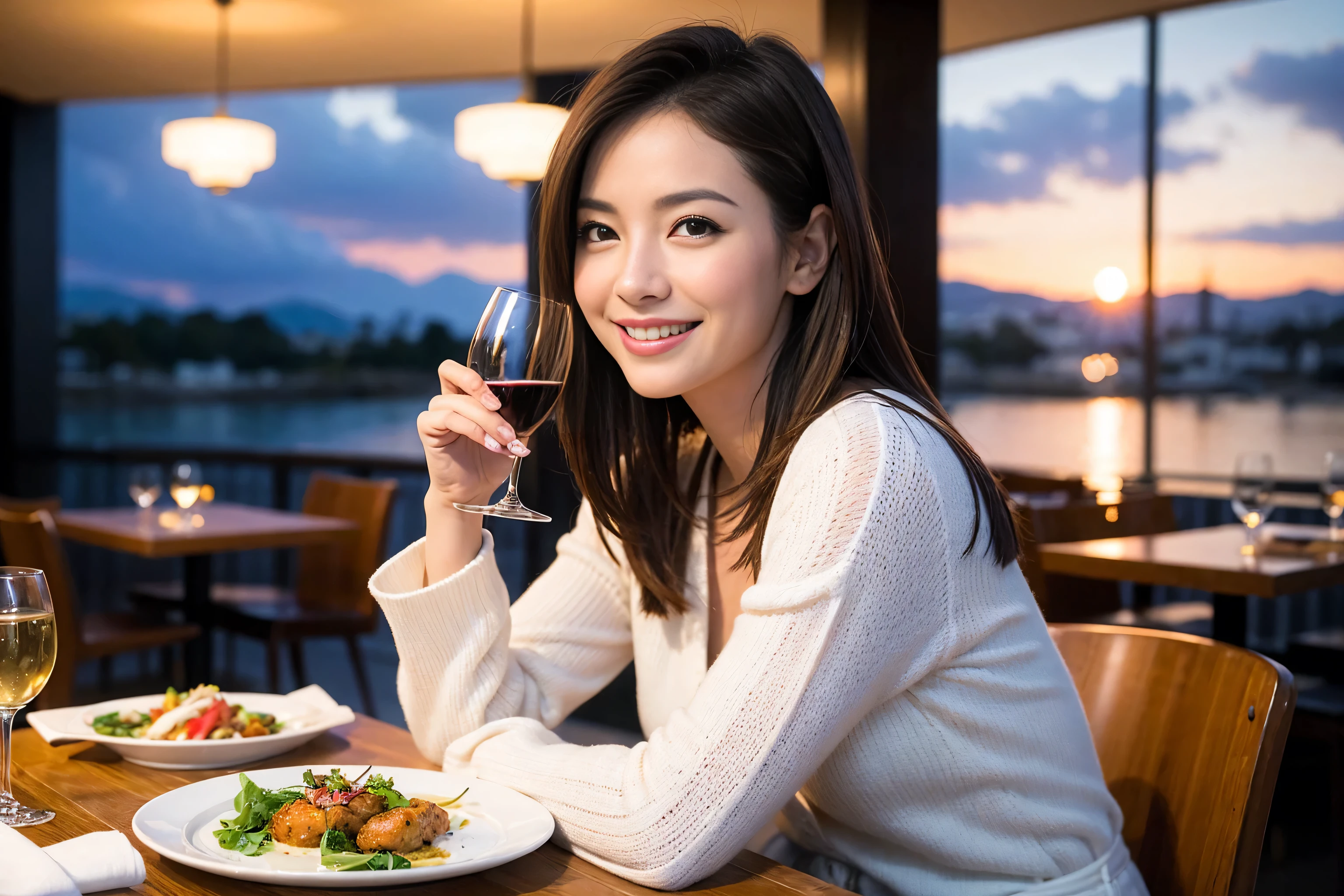 ((highest quality、8k、masterpiece:1.3))、1 male 1 female、Satomi Ishihara lookalike couple、Lovers、Couple、full-course dinner、The body is slim、((Bob Hale、Straight hair:1.2)), (Realistic, Intricate details:1.2), Wine glass on the table、Please put light on my face、 Amazing view of the sunset sky and clouds、A bright smile、The wonderfulness of smile、short hair,Bright Face、 (Age 37), 39 years old, red wine 、Appetizers、Italian food、Wine bottle、Champagne、sparkling wine、Two beauties、Brown Hair、Shortcuts、Long sleeve shirt、dress、Pretty Woman 1, (Slim face), (The body is slim), (Brown Hair), (Shortcuts), Attractive beauty、restaurant,Nova Frog Style, actress, model, Upper Body, White wine, slim, wine glass, A wine glass placed in the center, smile, (smile: 1.15),