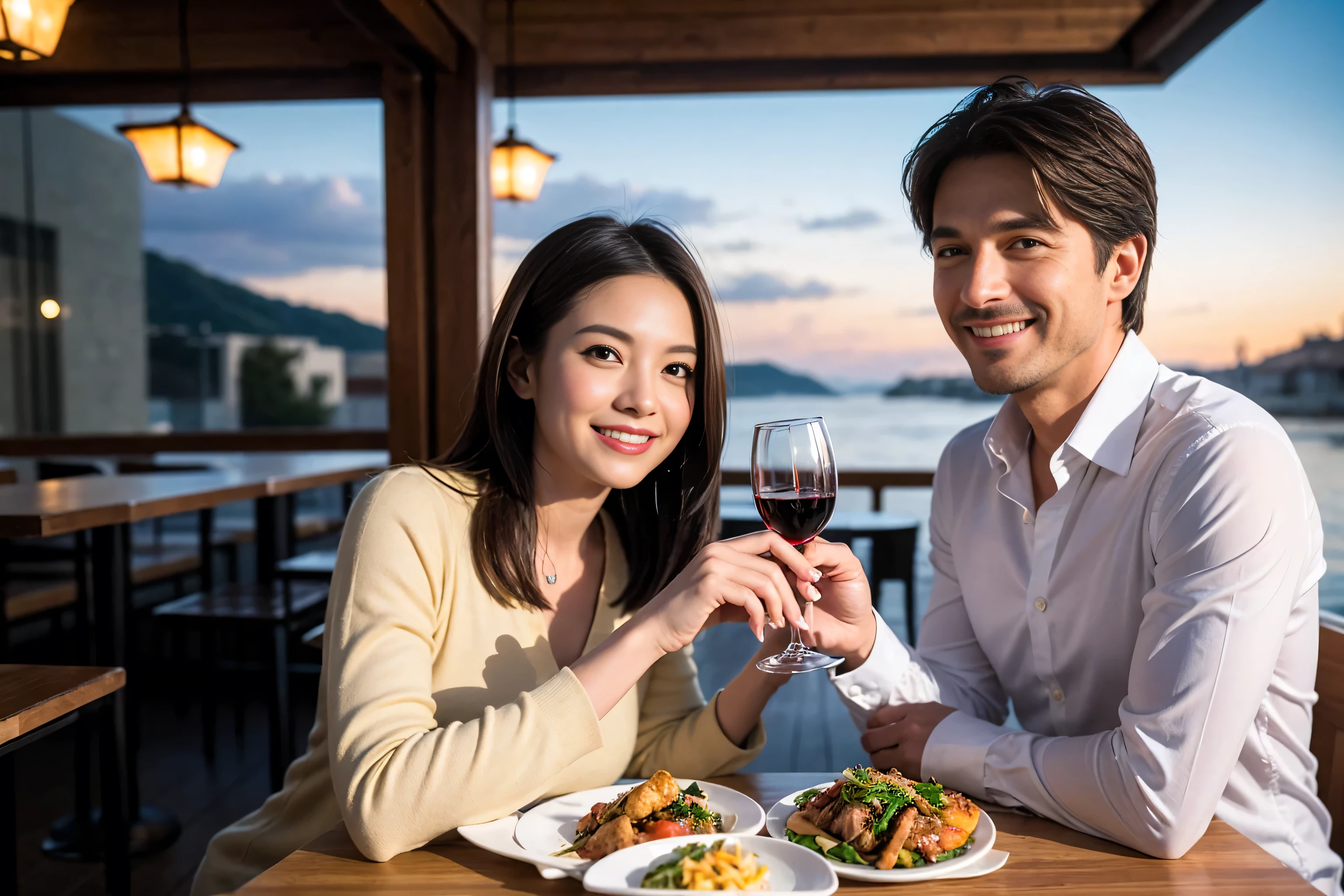 ((highest quality、8k、masterpiece:1.3))、1 male 1 female、Satomi Ishihara lookalike couple、Lovers、Couple、full-course dinner、The body is slim、((Bob Hale、Straight hair:1.2)), (Realistic, Intricate details:1.2), Wine glass on the table、Please put light on my face、 Amazing view of the sunset sky and clouds、A bright smile、The wonderfulness of smile、short hair,Bright Face、 (Age 37), 39 years old, red wine 、Appetizers、Italian food、Wine bottle、Champagne、sparkling wine、Two beauties、Brown Hair、Shortcuts、Long sleeve shirt、dress、Pretty Woman 1, (Slim face), (The body is slim), (Brown Hair), (Shortcuts), Attractive beauty、restaurant,Nova Frog Style, actress, model, Upper Body, White wine, slim, wine glass, A wine glass placed in the center, smile, (smile: 1.15), 